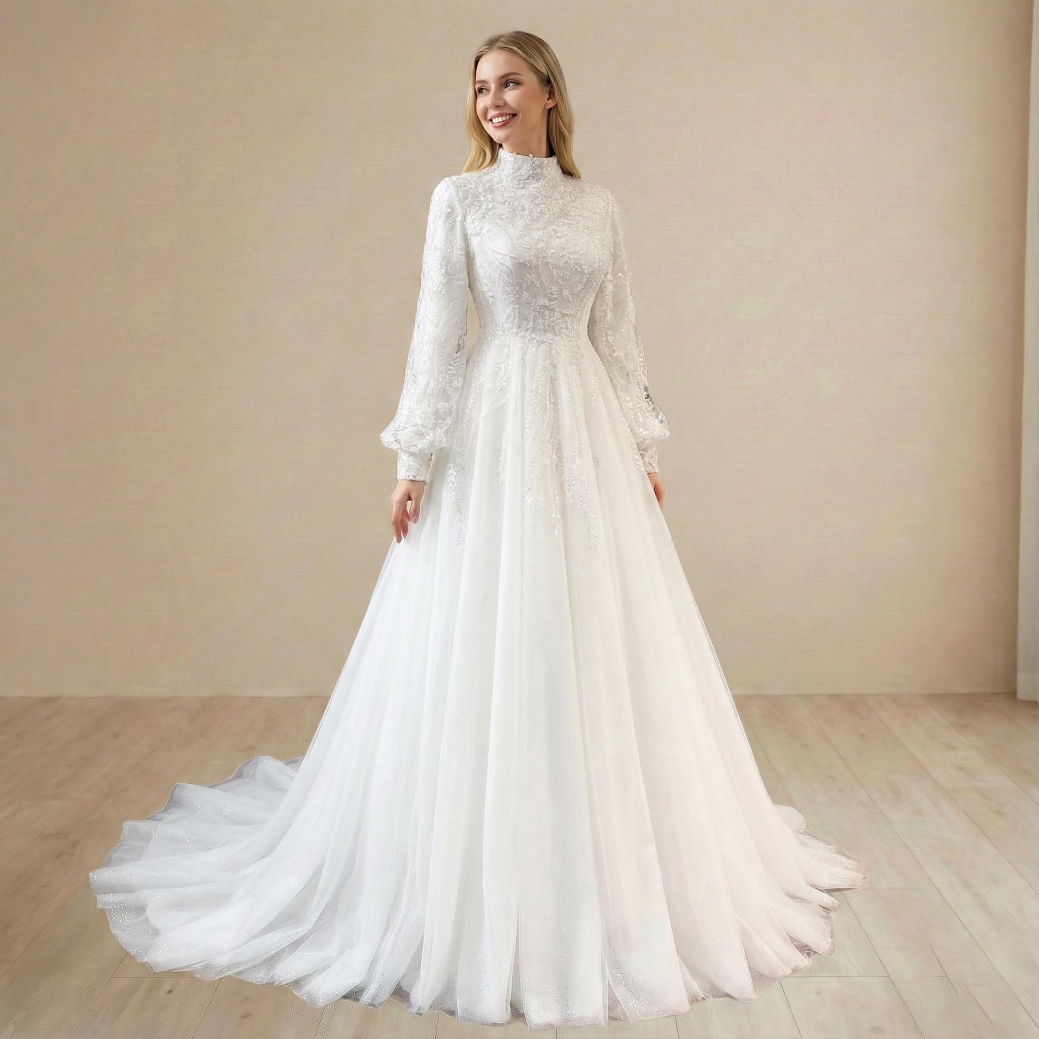 Robe de mariée Musulmane à Manches Longues Robe de Mariage Modeste à Perles pour la mariée Musulmane BA-MU1246