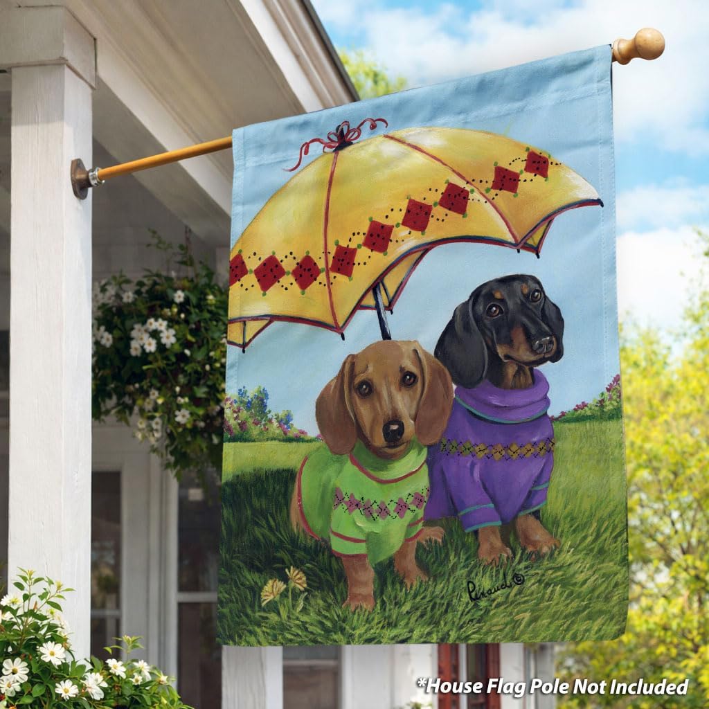 Flagology, Dachshund Hot Doggies Spring House Flag 28” x 40”, Precious Pets Paintings, Outdoor Spring Decor, Decorative Dog Lover Flag