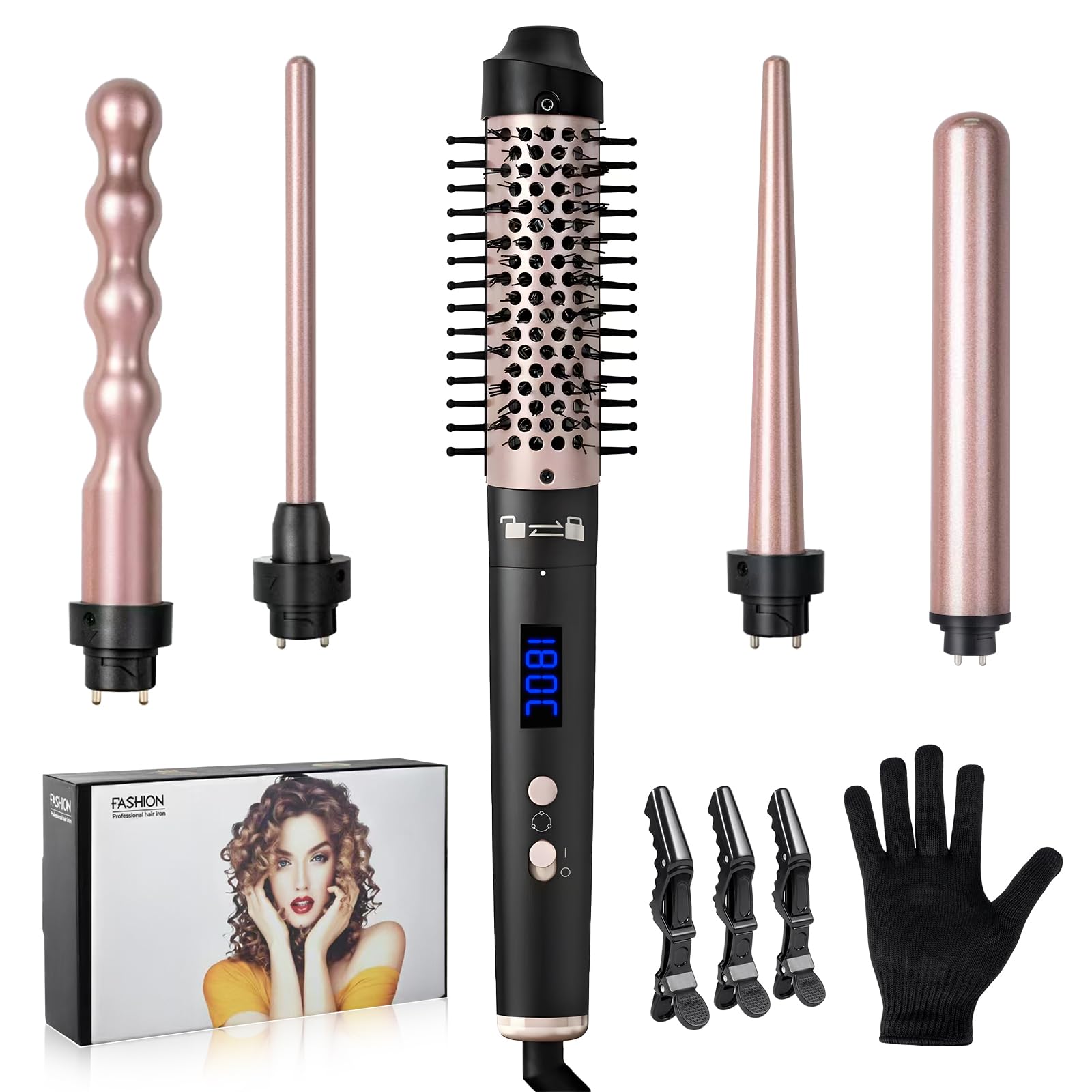 Carehabi Rizador Pelo Ondas, Tenacillas para Rizar el Pelo 5 en 1 con 5 Cabezales Intercambiables, LCD, 4 Temperaturas 160-230 °C, Calentamiento 10 s, Revestimiento Cerámico, 100-240 V