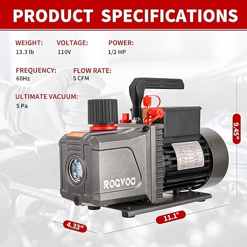 Miniatura 2 de Bomba de vacío de 5 CFM, bomba de vacío de aire de paleta giratoria de una sola etapa de 110 V 12 HP para HVACAUTO, recarga de refrigerante de CA,