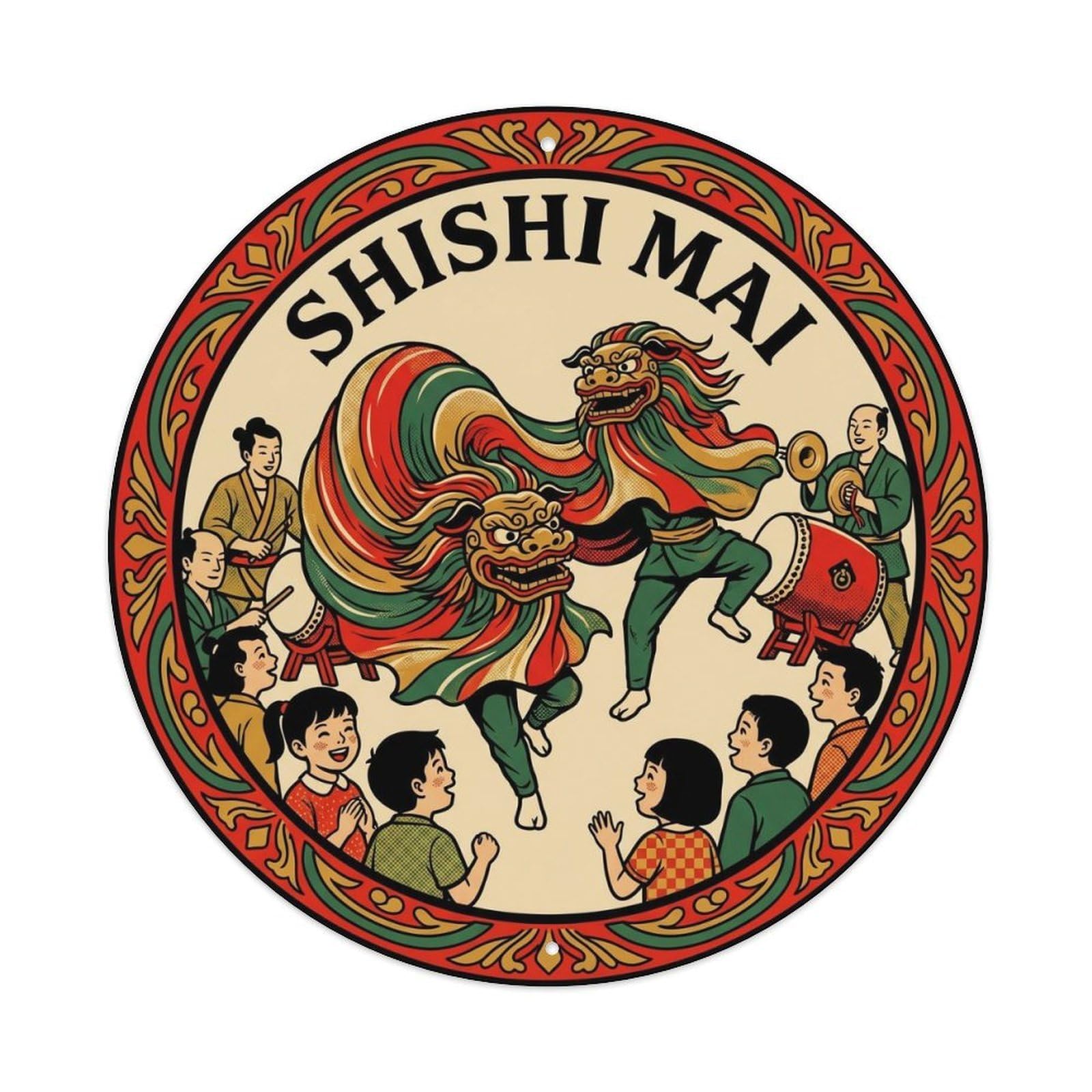 Olyhtr 8X8inch Classic Style Matsuri Lion Dance Shachihoko Showa Red Gold Metal Tin Sign