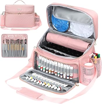 Acrylic Paint and Brush Set Organizer Bag - Carrying Case Compatible with Apple Barrel, Shuttle Art, Caliart Art Supplies - Includes Detachable Paint Brush Holder - for Home/Travel/Outdoor Pro Pink