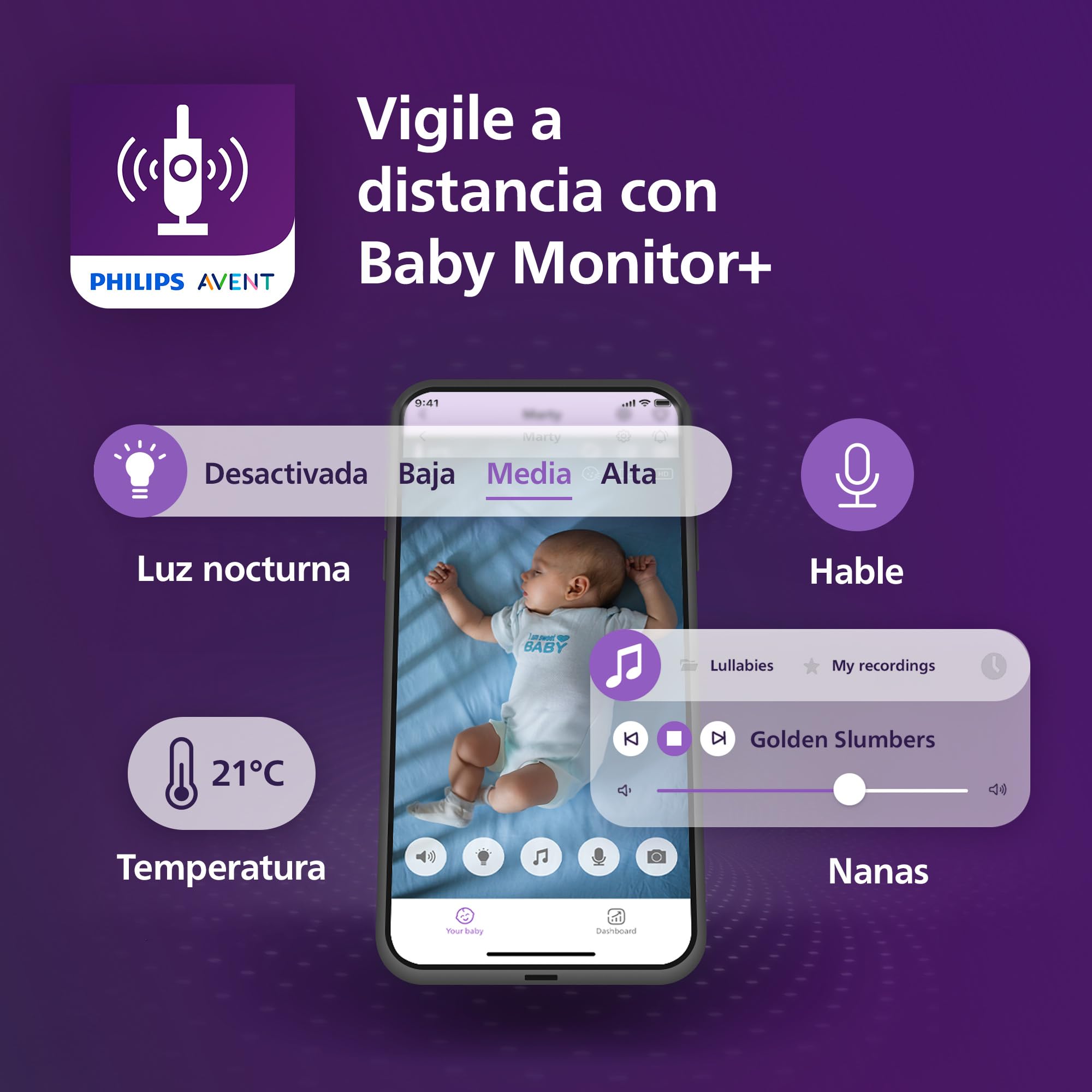 Philips Avent - Monitor de bebé Conectado con WiFi, cámara HD, visión Nocturna infrarroja, detección de llanto, Audio bidireccional, 12 Horas de Tiempo de Pantalla en Modo ecológico, Modelo SCD951/26