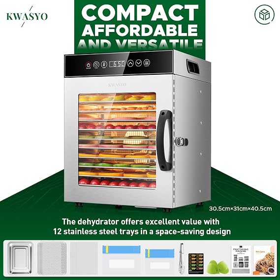 Kwasyo Food Dehydrator 12 Trays, 750W Stainless Steel Dehydrator, Food Dryer UK with Digital Timer and Temperature Control, Overheat Protection, Recipe Book Included