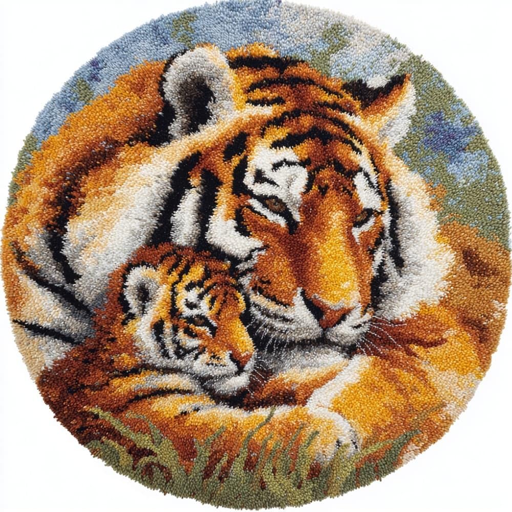 kitphoenix Round DIY Latch Hook Rug Kits Tiger 20X20Inch (50X50Cm) Easy for Beginners Round Carpet Crochet Yarn Craft Large Rug Hook and Latch Tapestry for Home Decor