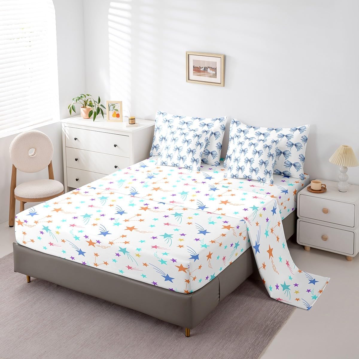 jejeloiu Girl Blue Bowknot Queen Size 7 Pieces Comforter Set Watercolor Ribbon Bow Bedding Set Fairy Princess Themed Bed Set Bed in a Bag with Comforter, Sheets, Pillowcases & Cushion Covers