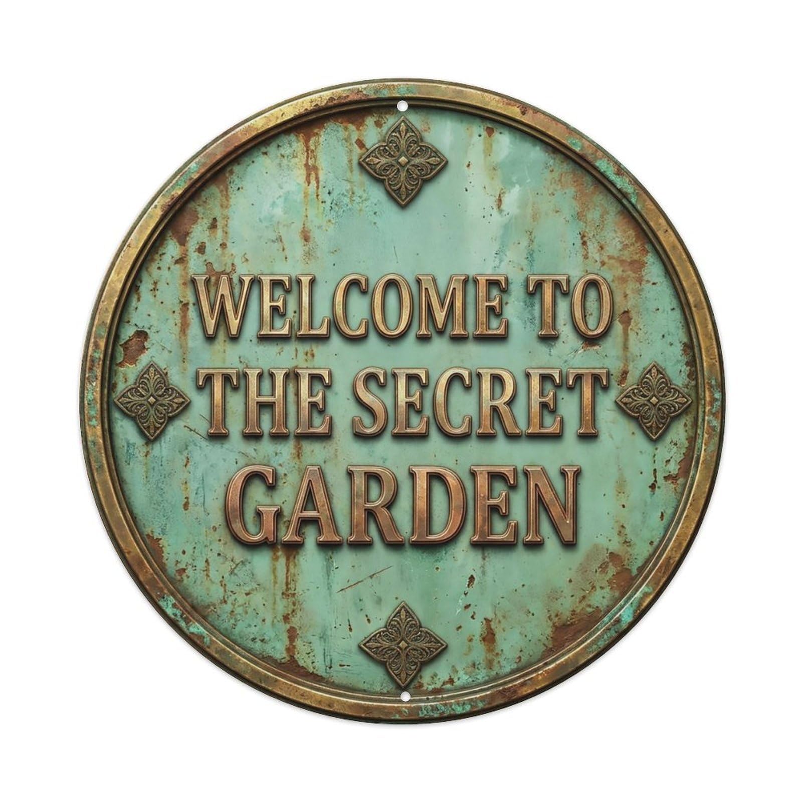 Vintage Welcome Secret Garden Brass Celadon Oxidized Metal Tin Sign
