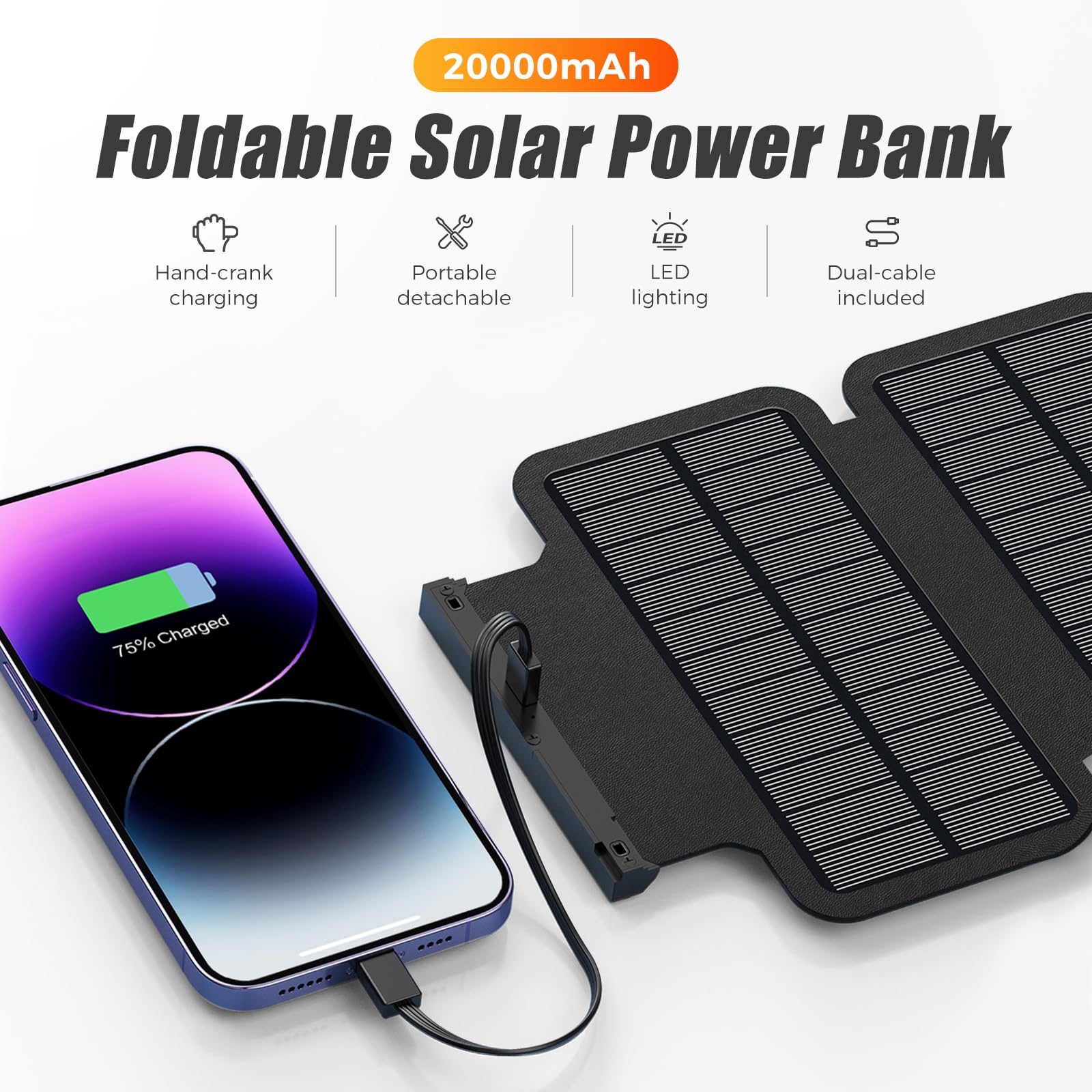 Super Power Bank Solar, Sestuplo Wireless 20000 mAh + LED Ad Alta Intensità + 3 Porte di Ricarica Rapida 22,5 W | Caricatore Solare | Caricatore Portatile | Batteria Solare