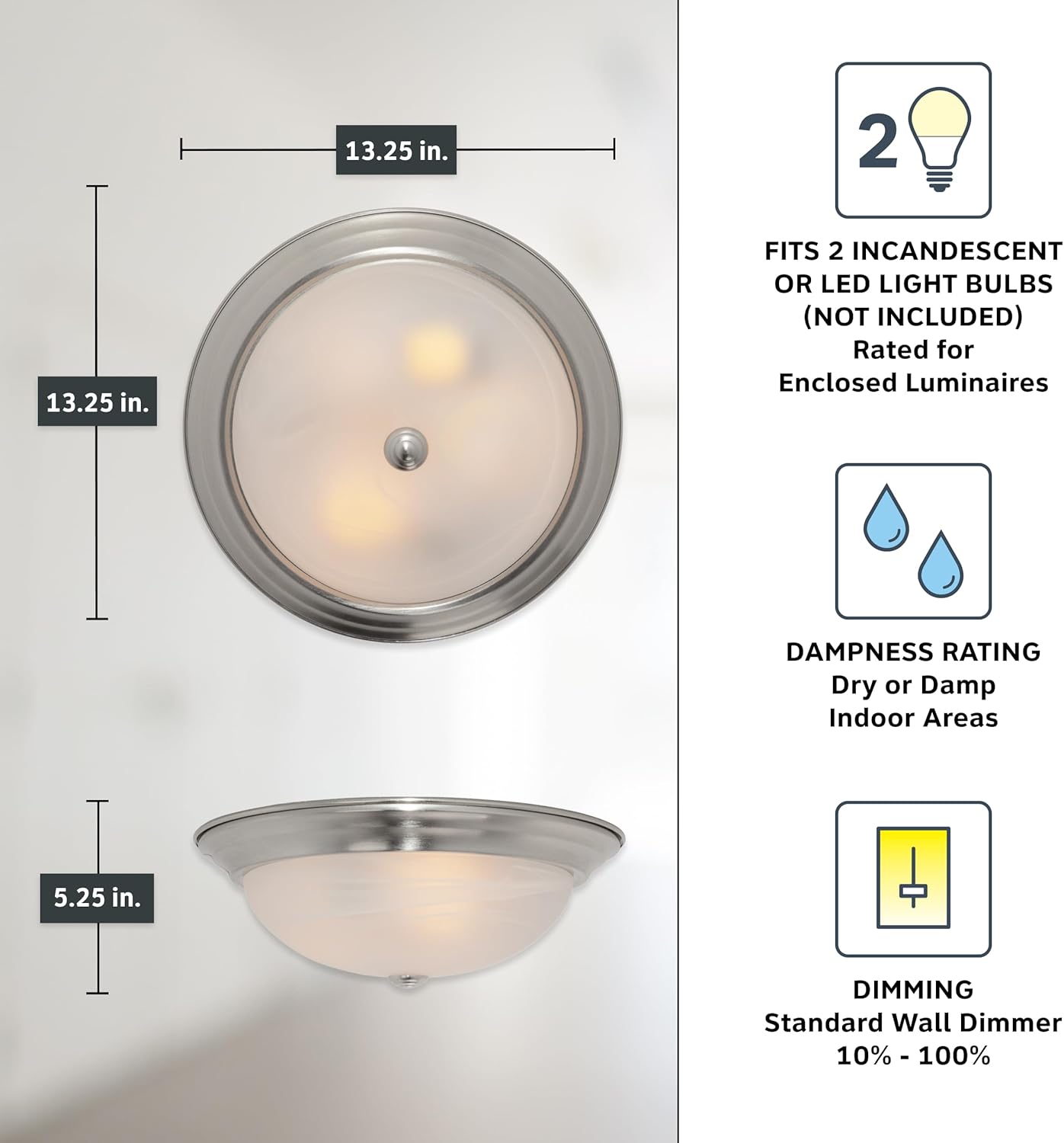 DESIGNERS FOUNTAIN Reedley 2-Lights Flush Mount Ceiling Light, 13 Inch Lighting Fixture for Kitchen, Bedroom, Bathroom, and Hallway, White Alabaster Glass, Satin Platinum, 1257M-SP-AL