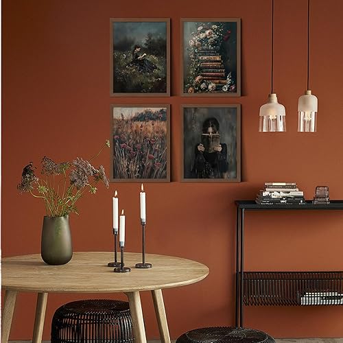 Miniatura 4 de Unframed Dark Academia Victorian Wall Art Set of 4,Vintage Woman Reading Painting Canvas Prints,Floral Bookshelves,Rustic Field & Antique Book