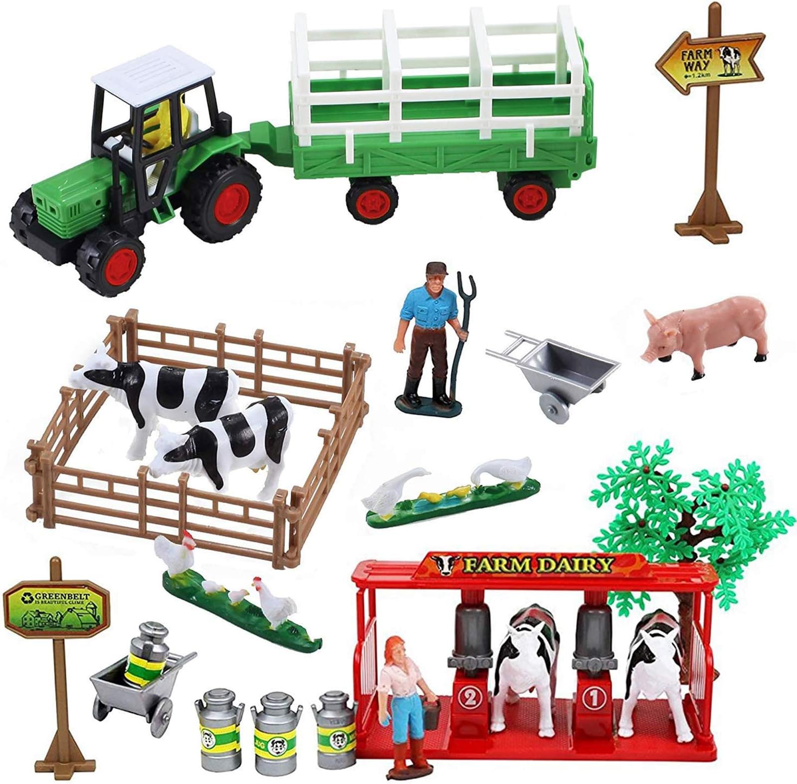Pretend Play Dairy Farming Toys Set with Farm Animals, Farmers, Figures and Accessories for Kids (23 Pieces)