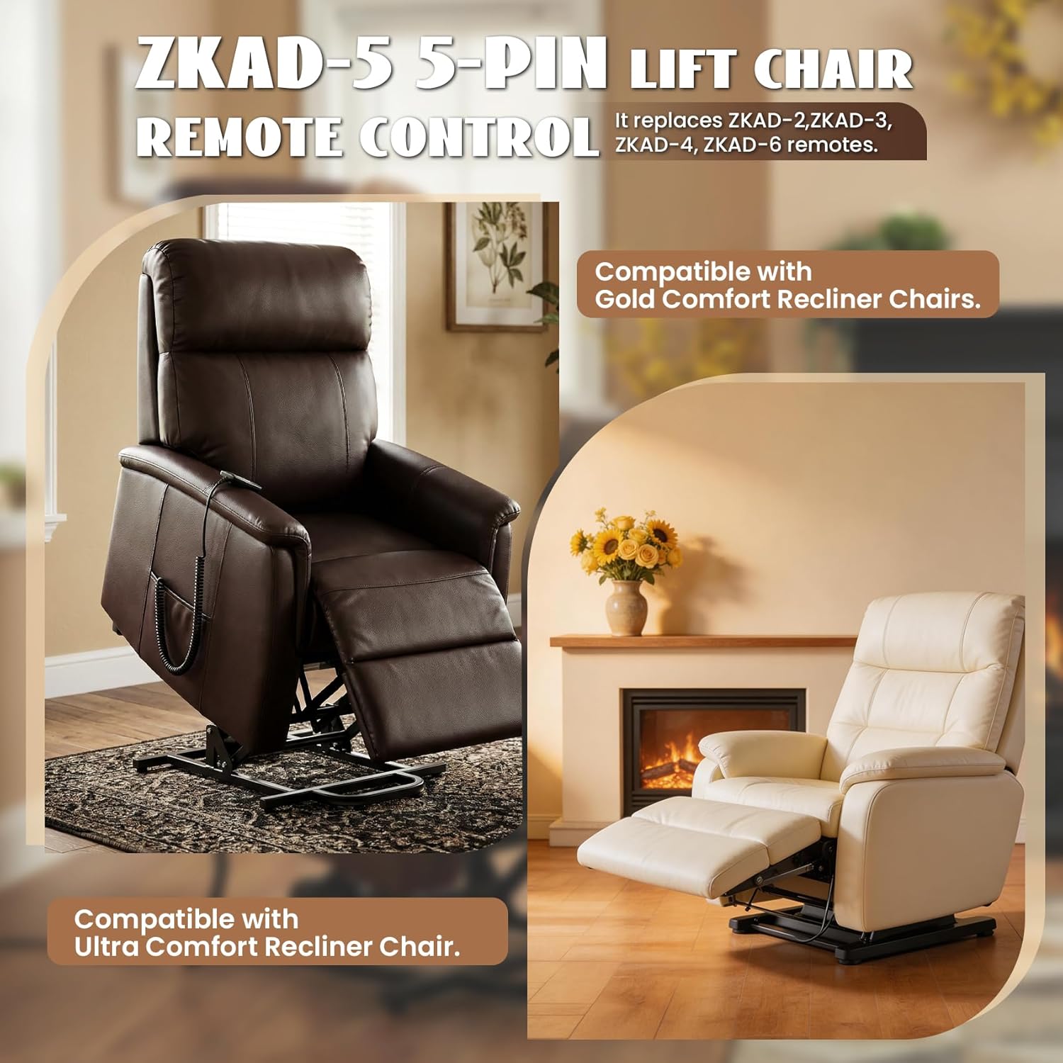 ZKAD-5 5-Pin Lift Chair Remote, Compatible with Golden & Ultra Comfort 2-Motor Recliners with 11-Button (Sit/Home, Not Twilight), Replacement for ZKAD-2/3/4/5