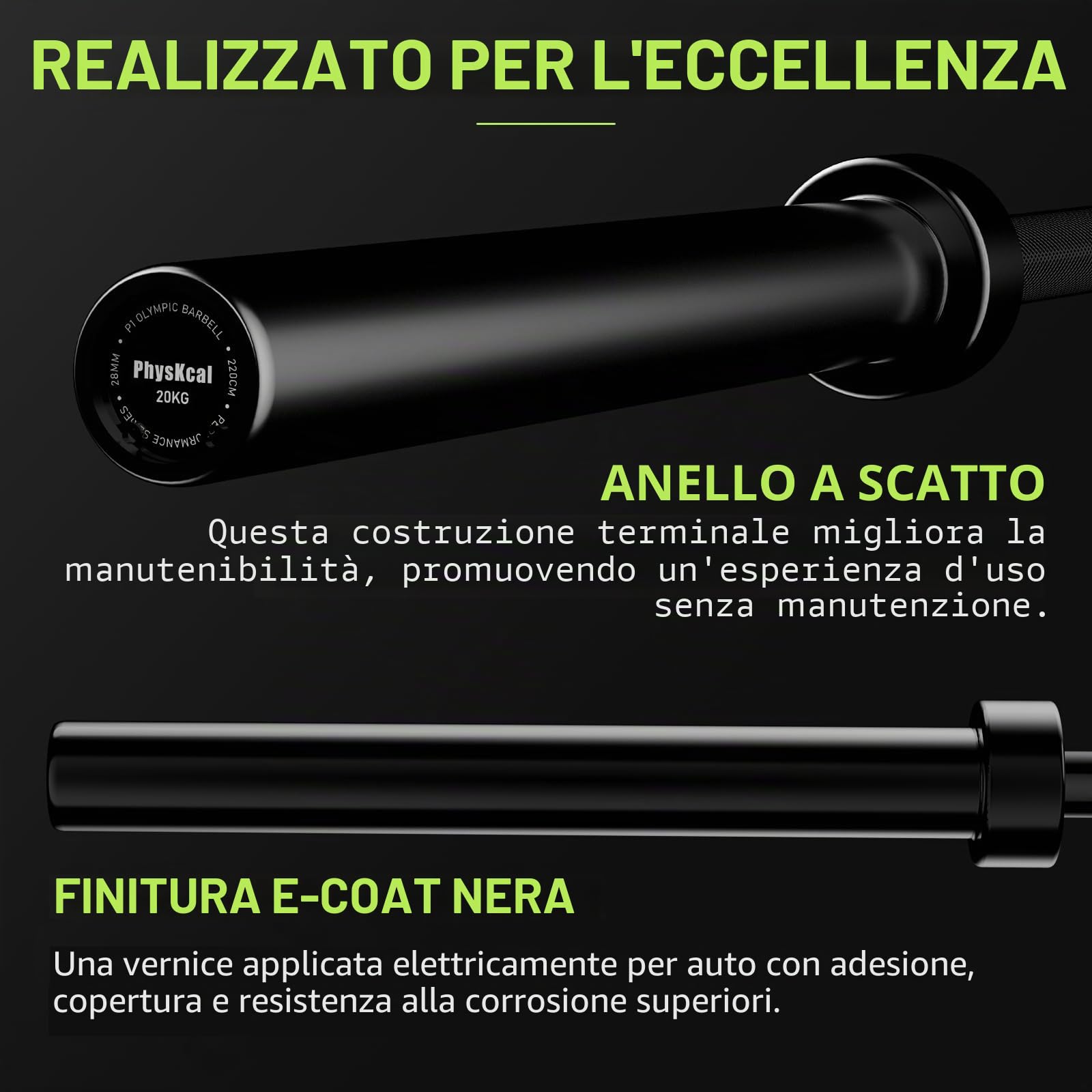 PhysKcal Bilanciere olimpico da 220 cm e 20 kg per dischi da 50 mm, nero | Standard IWF, portata 750 libbre, doppia zigrinatura, bilanciere da uomo per WOD, sollevamento pesi e usi vari