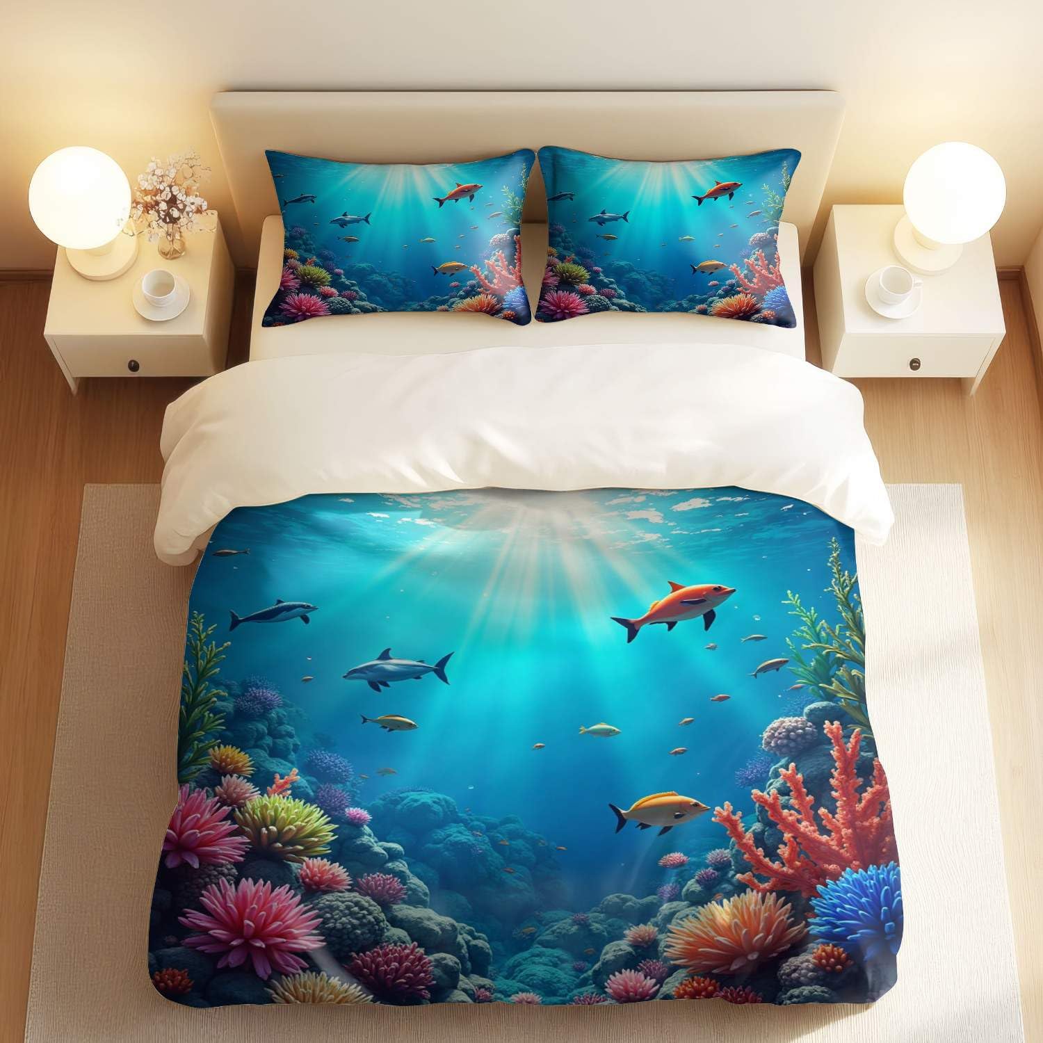 Housse de couette poisson pour lit double avec 2 taies d'oreiller motif océan dessin animé
