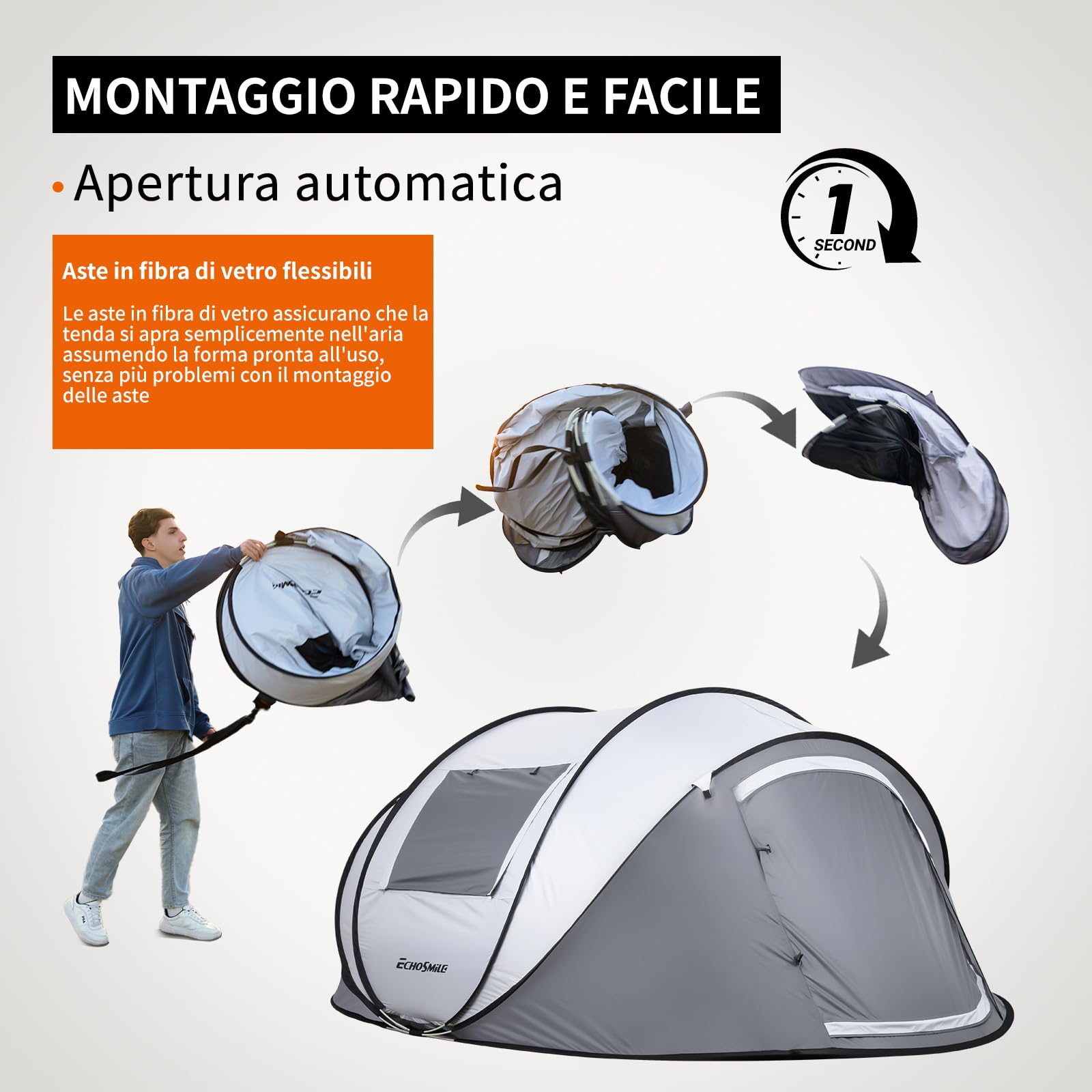 EchoSmile Tenda da Campeggio Pop Up 2/4/6 Posti Istantanea Tenda Campeggio | Portatile,Facile Installazione,Protezione dal Sole,Ventilata Antivento e Impermeabile Picnic,Trekking e Attività All'aperto