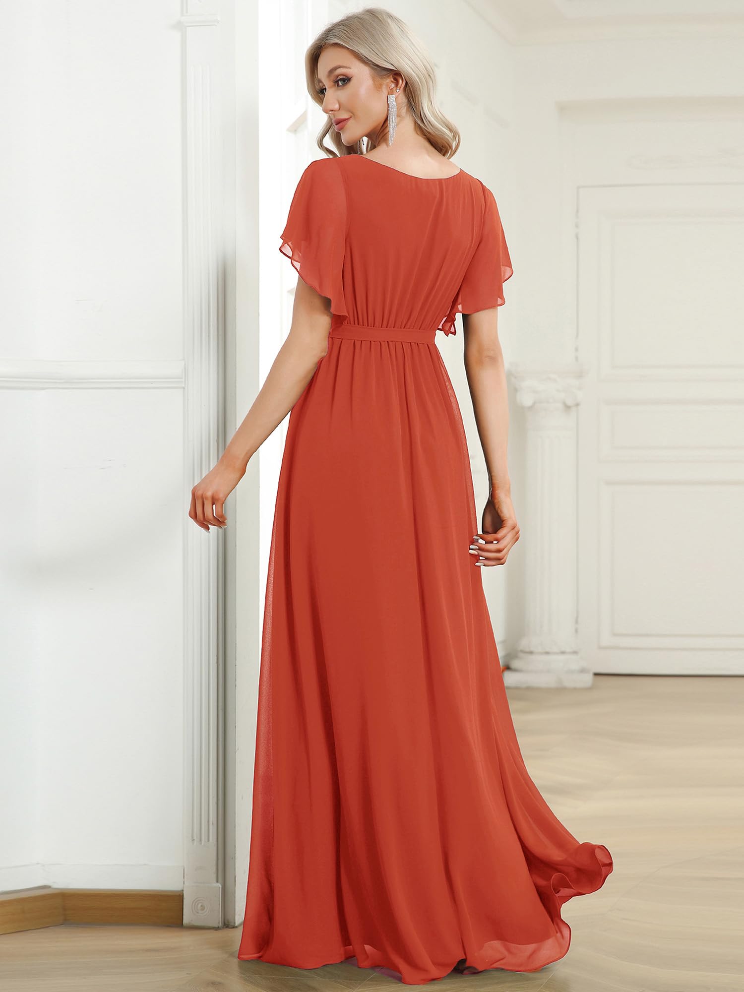 Ever-Pretty Vestido de Noche Largo para Mujer Escote en V Manga Corta Corte Imperio Plisado Elegantes 0164A
