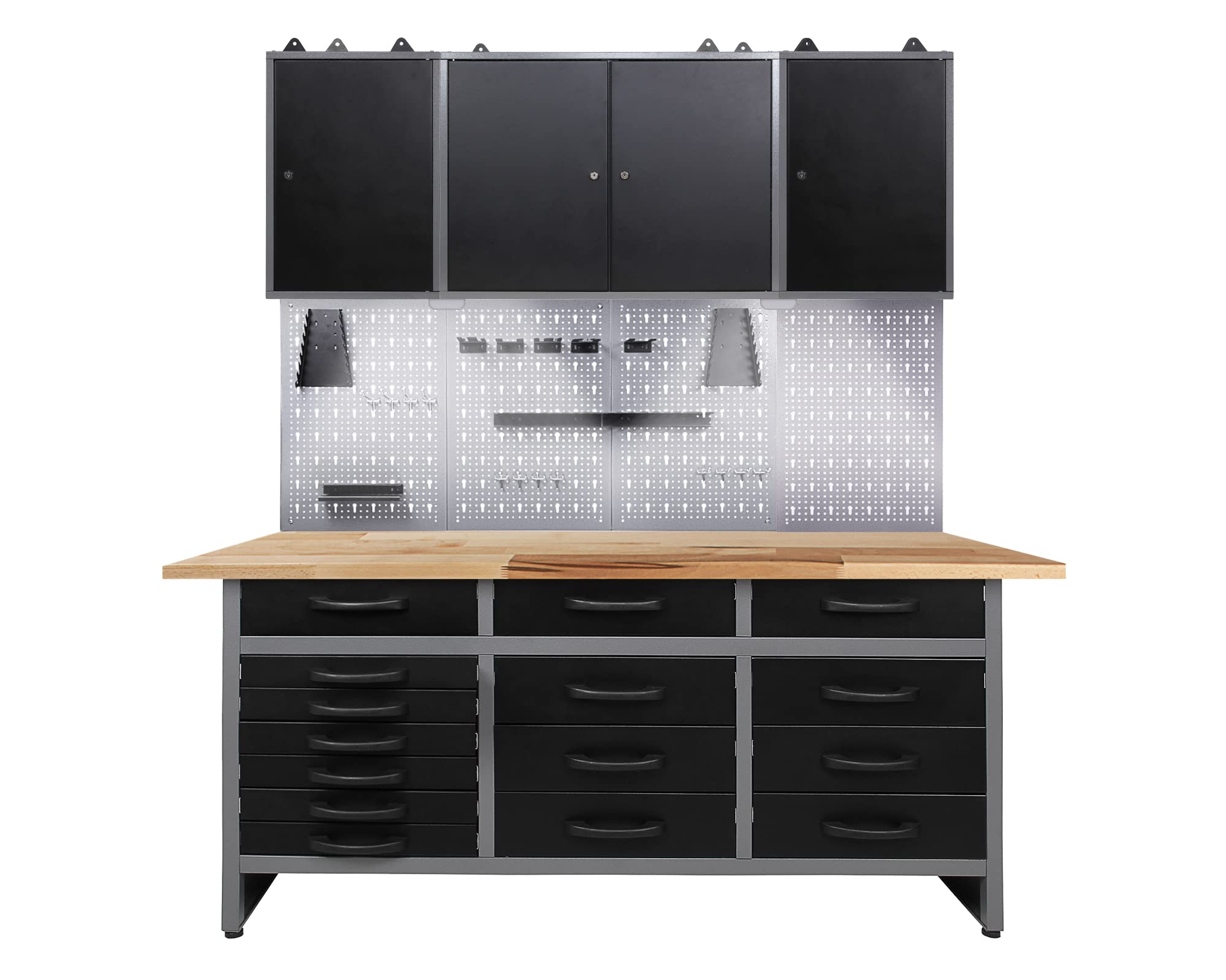 Ondis24 Werkstatteinrichtung 162 cm breit, Werkbank, 3 x Werkzeugschrank, Werkzeugwand mit LED Beleuchtung
