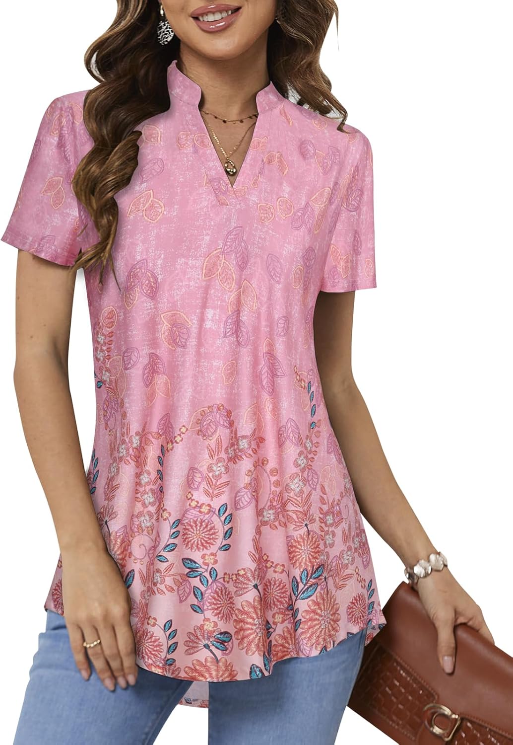 BAISHENGGT Womens Short Sleeve Tunic Tops V Neck Blouses Dressy Casual Vacation Outfits Floral Printed T Shirt
