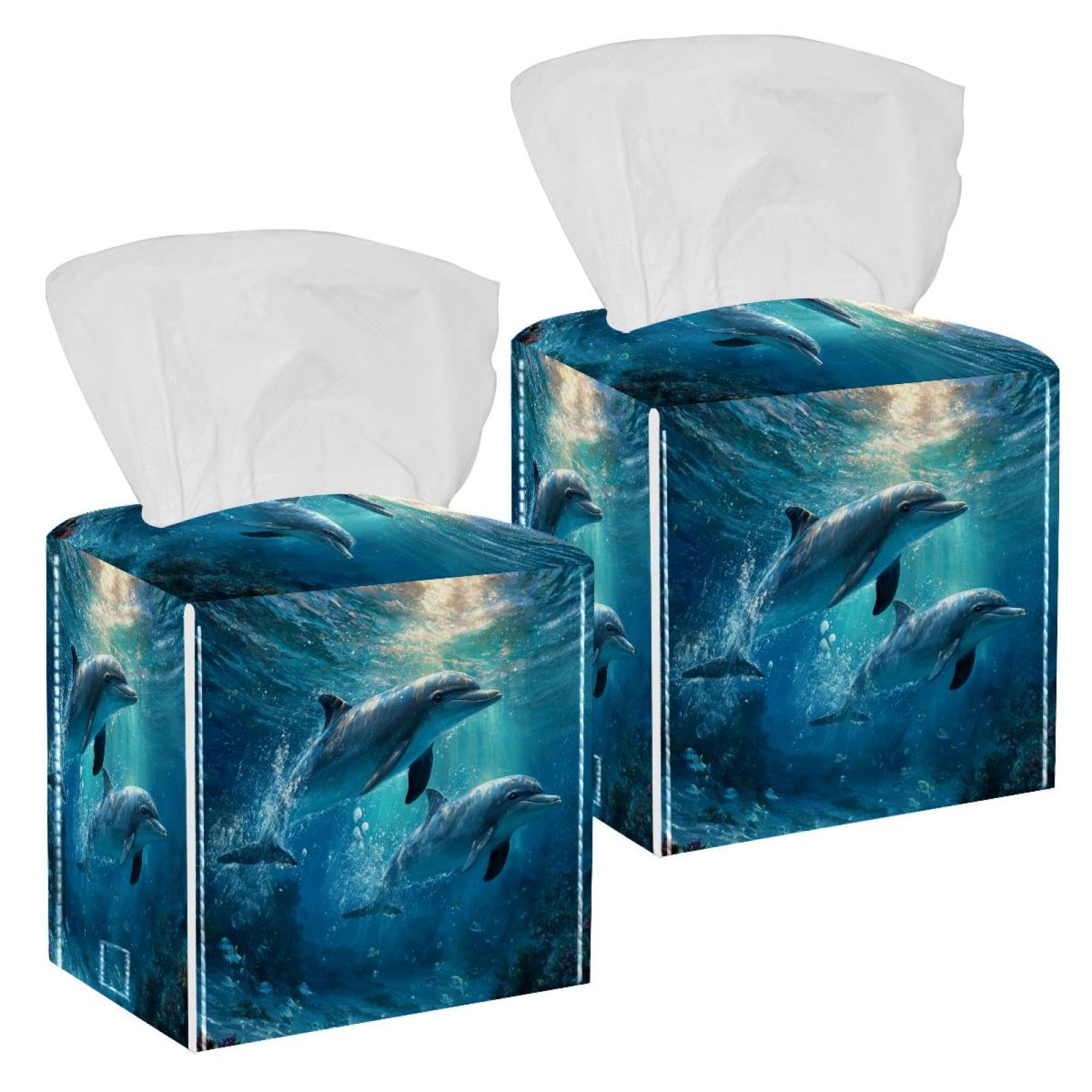 Dolphin Tissue Box Cover, 2 Pack PU Leather Square Facial Tissue Dispenser Box holder for Home Office Car