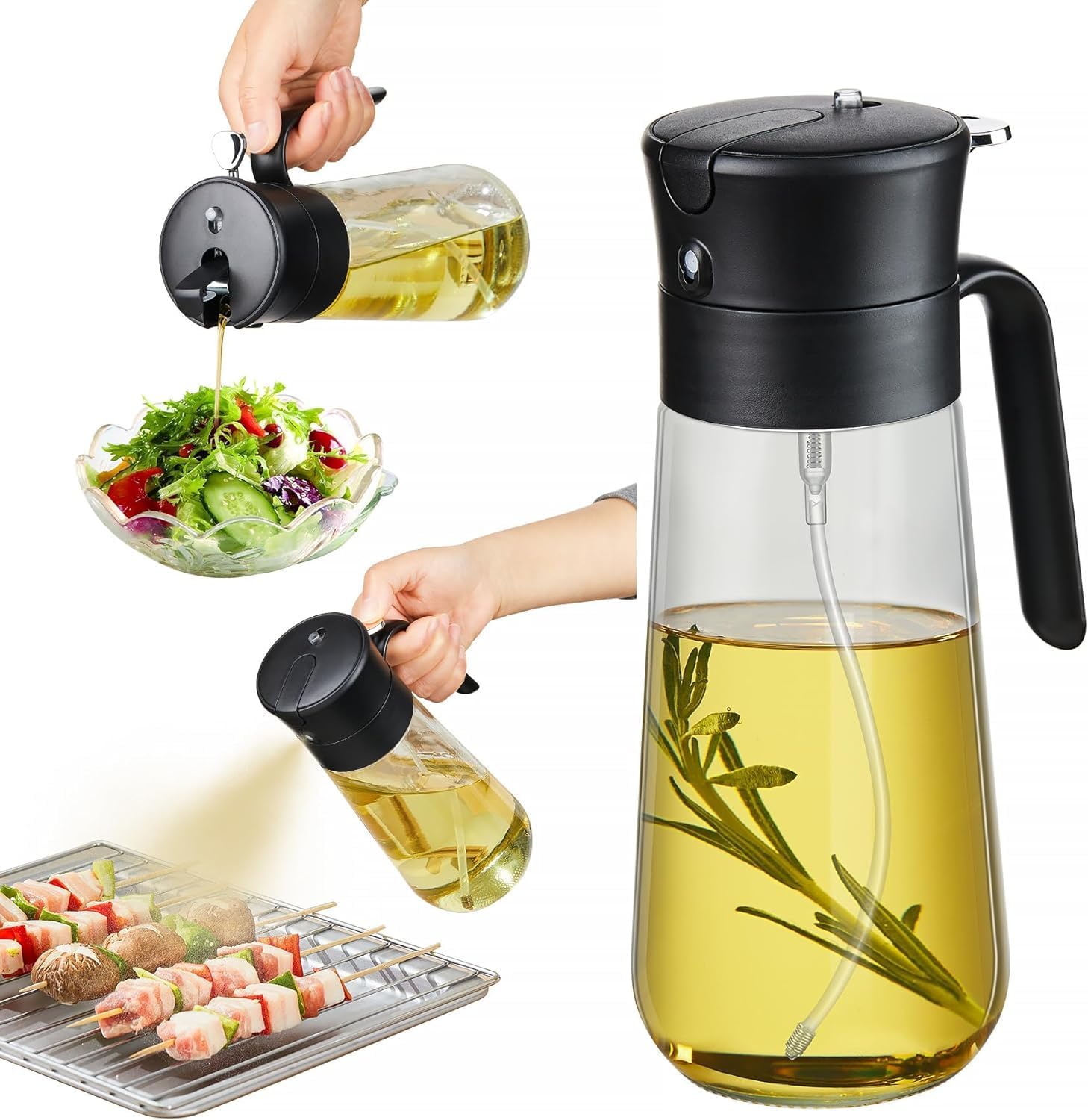 STONESOUL 16oz/470ml Glass Olive Oil Sprayer & Dispenser - 2-in-1 Spray & Pour Bottle for Cooking, Air Fryer, BBQ, Salad, Roasting - Leak-Proof Food-Grade Mister with Measuring Scale
