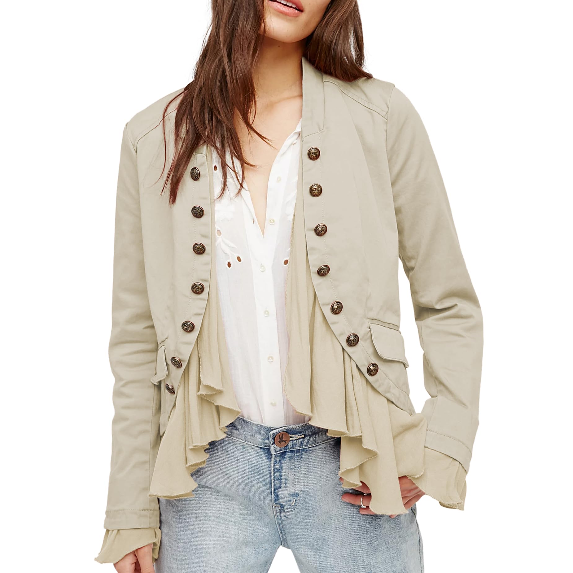 Women Casual Ruffles Jacket High Low Hem Steampunk Blazers Button up Romance Open Front Cotton Cardigan