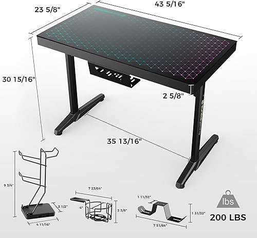 Miniatura 3 de EUREKA ERGONOMIC Escritorio LED RGB para juegos, sincronización de música, luces de escritorio de vidrio templado, 43 pulgadas, GTG I43, mesa de