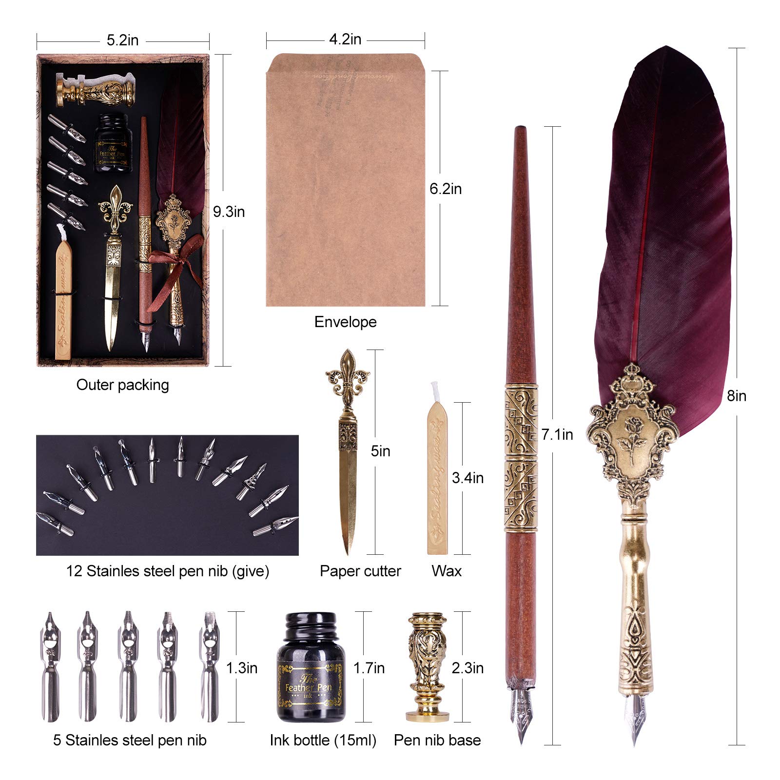 Kalligraphie Feder,Vintage Federkiel Dip Quill Pen, with 17 Replacement Tips,Pen Holder,Ink,Seal Stamp-Perfektes für Anfänger und Profis