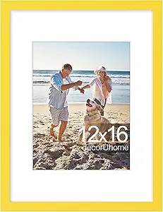 decorUhome 12x16 Picture Frame, Display 8.5x11 Certificate with Mat or 12x16 Poster without Mat, Wall Mounting Photo Frame, Yellow, 1 Pack