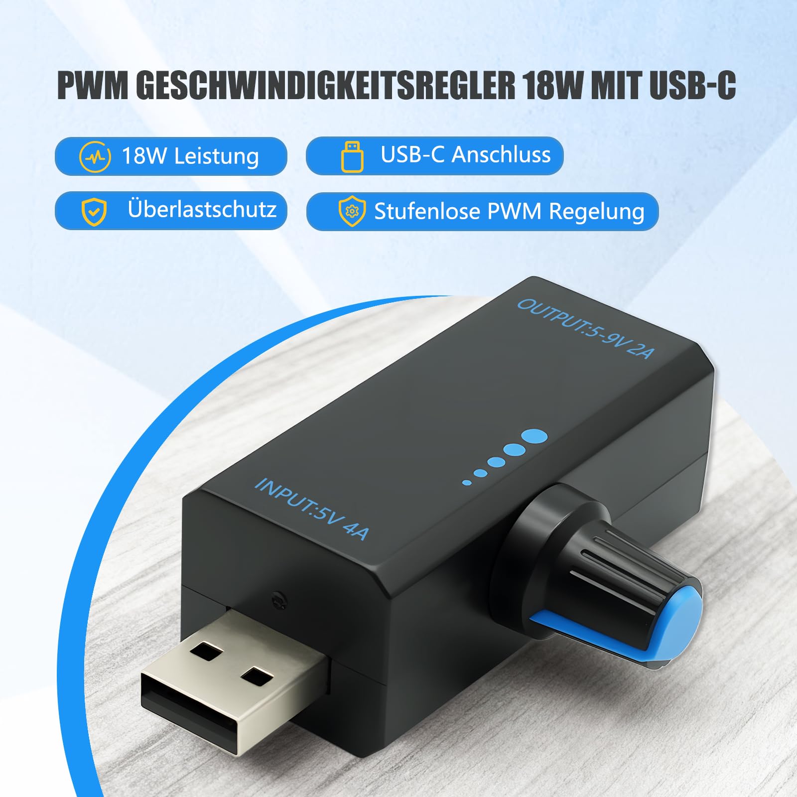 PWM Regolatore di velocità 18 W con porta USB – Controller ventola professionale con controllo della ventola PWM e velocità della ventola USB continua, DC5 V 4 A, alloggiamento ABS e tipo C per