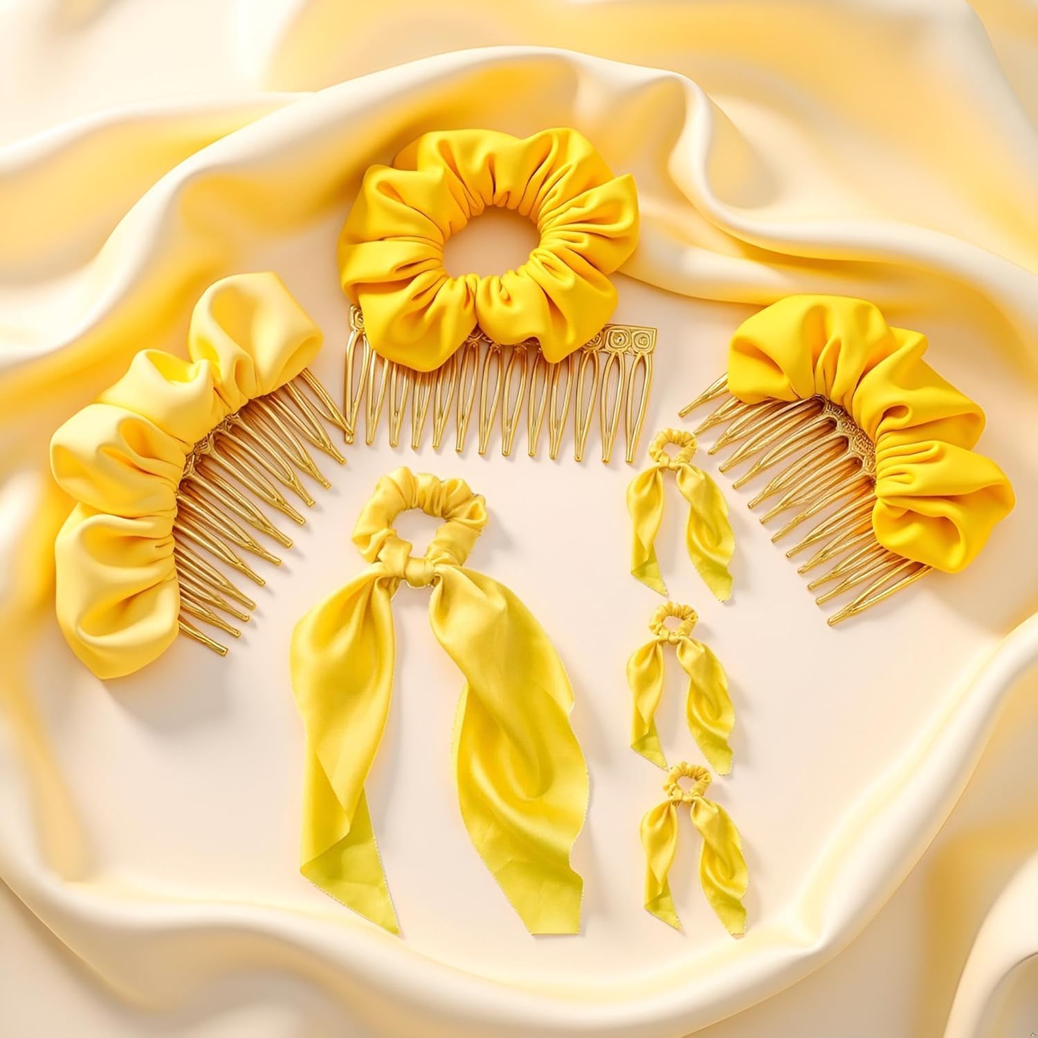 4 Pcs Yellow Women Girl Bow Satin Ribbon Ponytail Scarf Hair Tie Rope Scrunchies Elastic Band Hair Scrunchies Bands Elastics and Ties Hair Elastics Ties Hair Accessories - Image 3