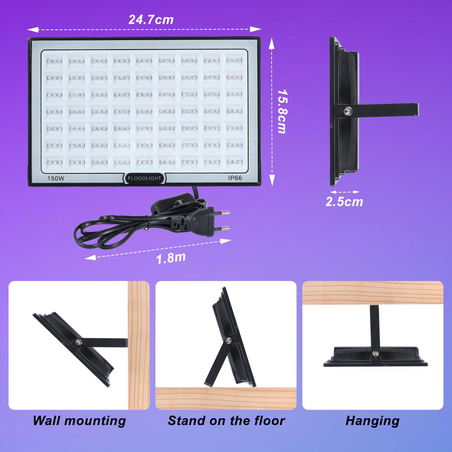 4 Stück 150W UV Schwarzlicht LED Strahler IP66 Wasserdichte Blacklight für Party Halloween Deko