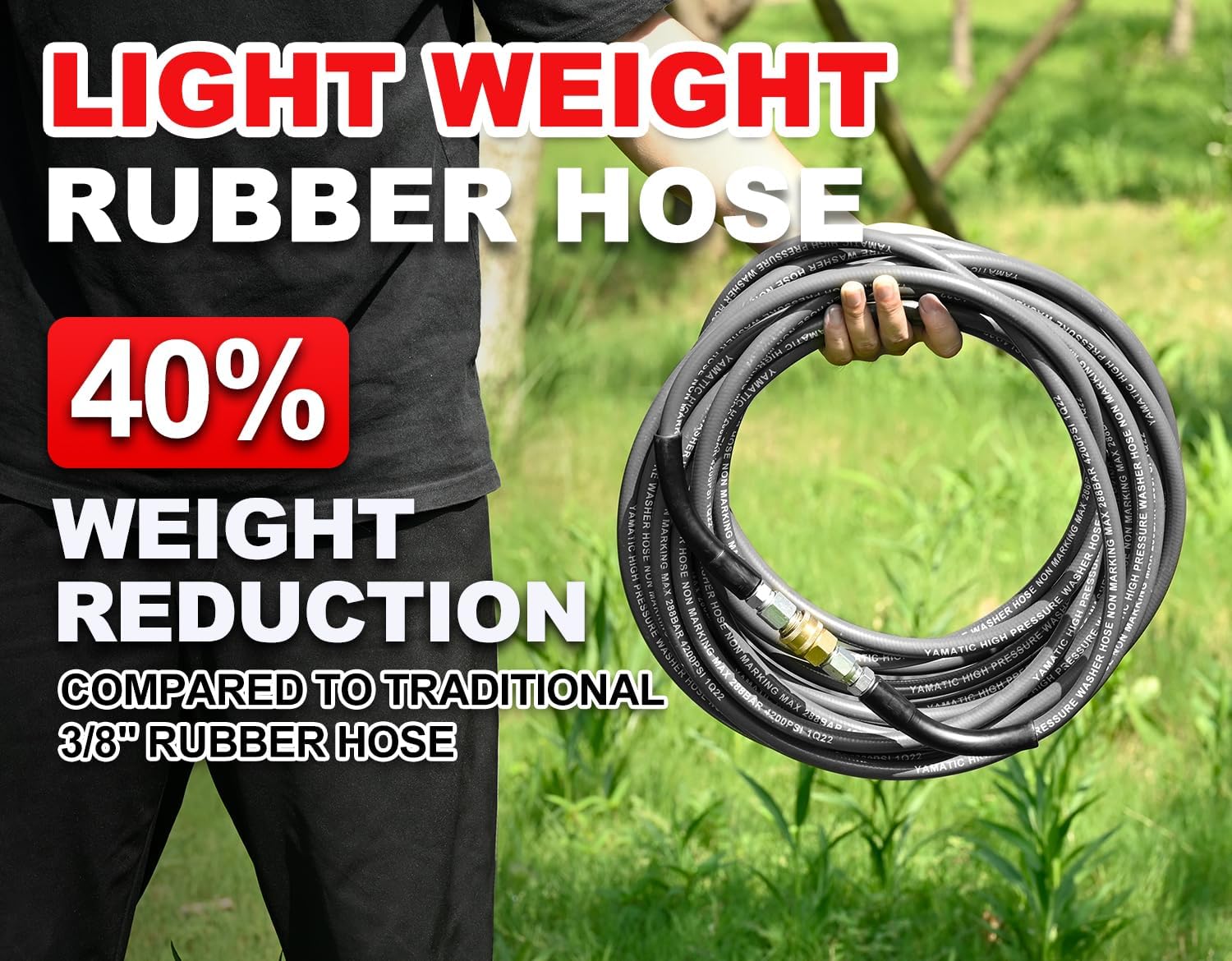 YAMATIC Non Marking 1/4" 4200 PSI Pressure Washer Hose 50 FT for Hot/Cold Water Rubber Wire Braided, Kink Resistant Swivel Quick Connection, Industry Grade for Power Washer, Super Wear Resistant
