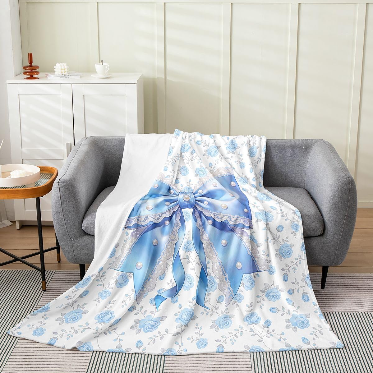 Feelyou Bow Flannel Blanket Plush Fuzzy Blue Bowknot Floral Fleece Throw Blanket for Boys Girls Rose Flower Plush Lightweight Sofa Throw Aesthetic Coquette Baby 30"x40" for Bed Couch Chair Living Room image 3