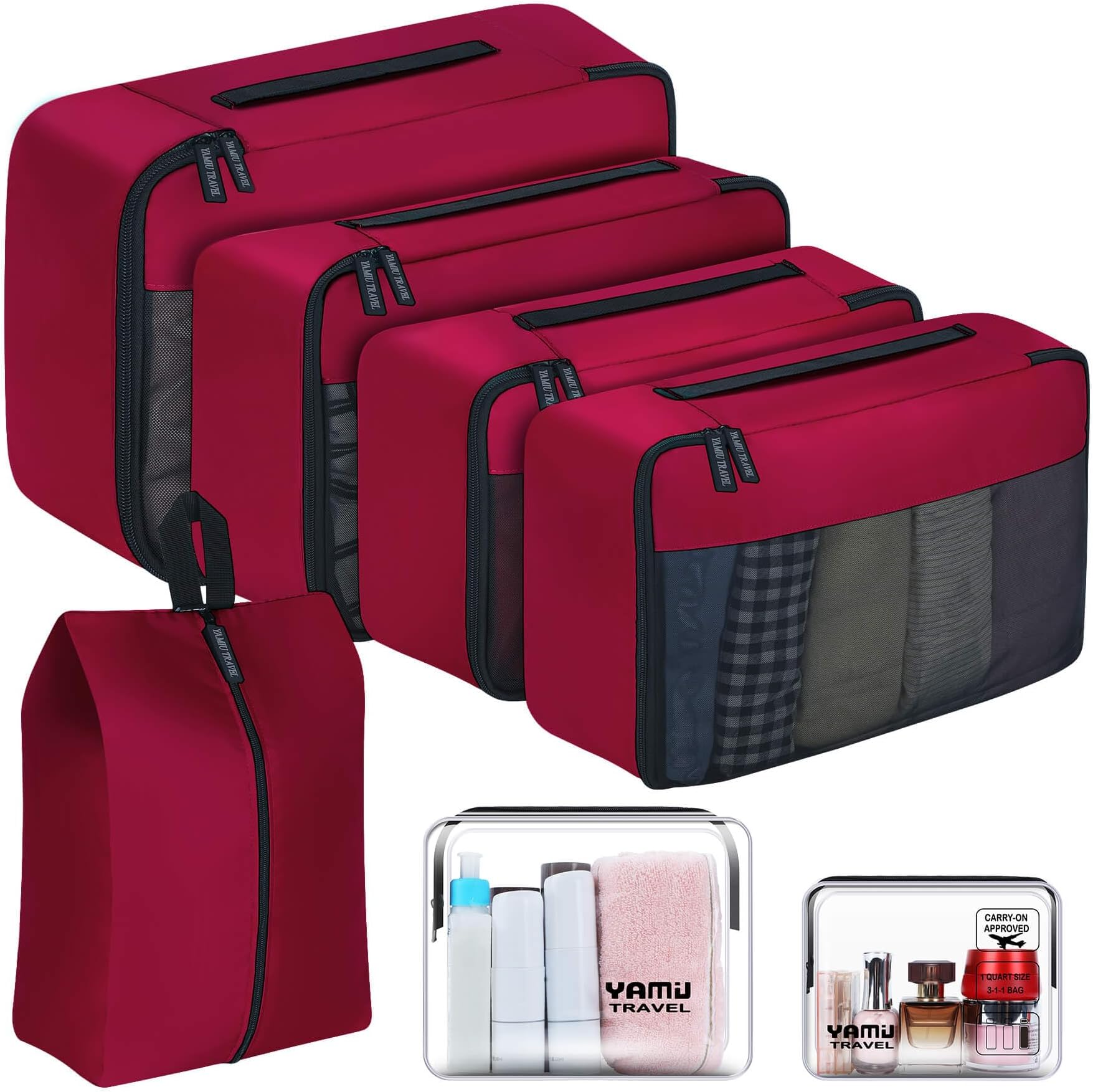 Packing Cubes YAMIU Travel Luggage Organizer Bags Travel Accessories Including 2-Pack Waterproof Toiletry Bags and Shoe Bag for Women Men(Red)