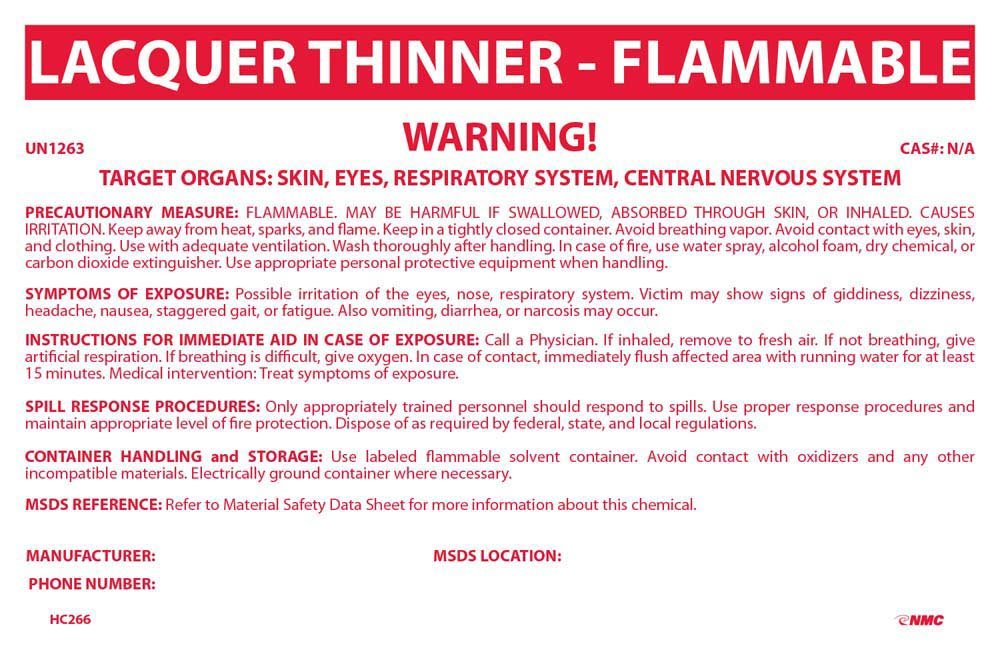 National Marker HC266P Container Labels, Lacquer ThinnerFlammable, 6 1