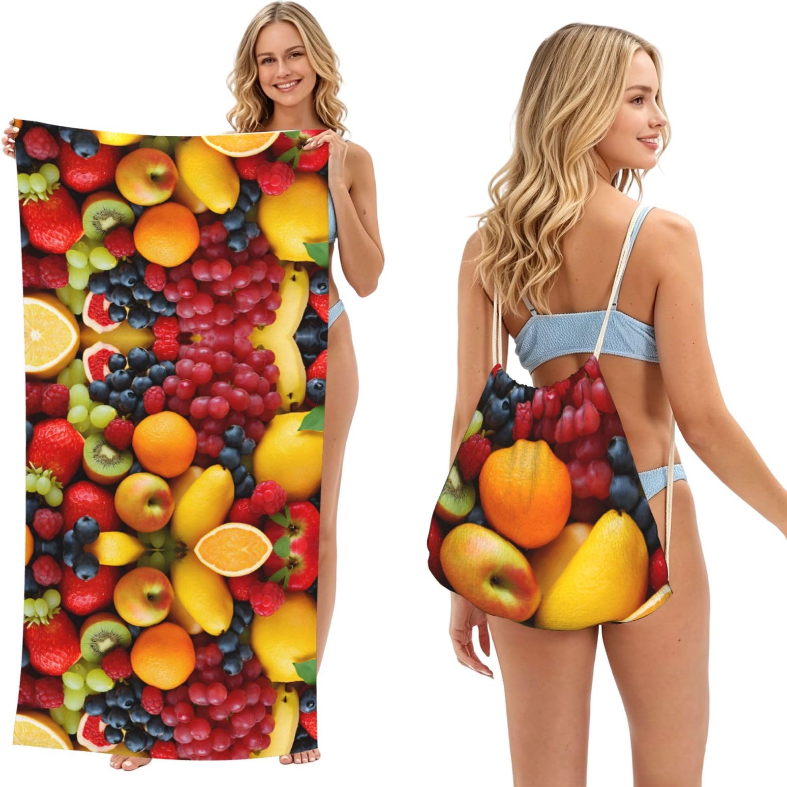 ESNAIUVCD Fresh Fruits And Vegetables Print Beach Towel For Adults,Towel With Drawstring Bag, Travel Pool Swimming Sports Shower Sand Free Quick Dry Bath Towel For Pool, Beach, Yoga- 180x60cm
