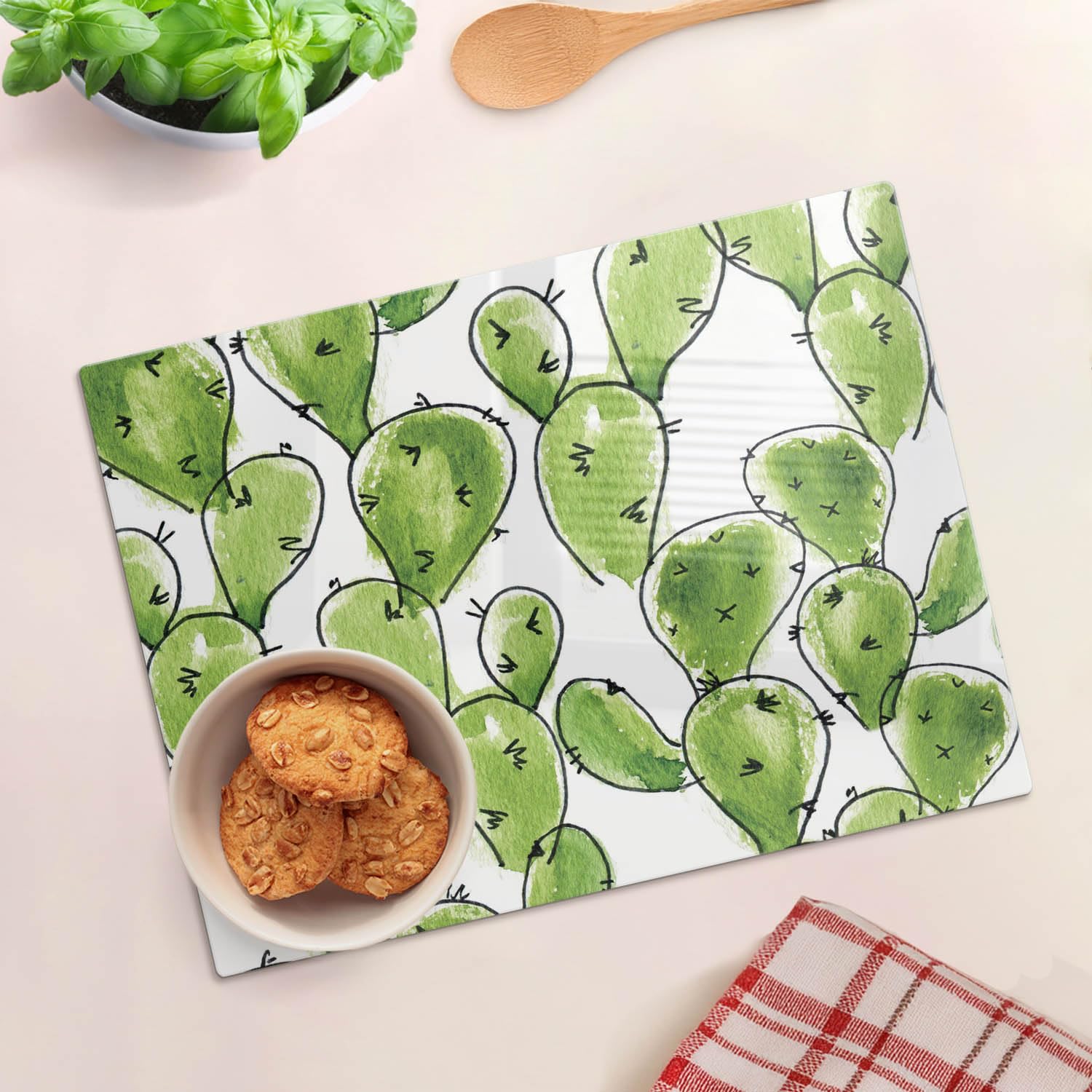 Multifunzione: Tagliere in vetro e coperchio 40x30 cm Cactus ad acquerello