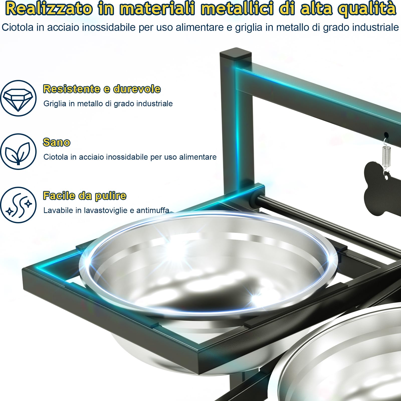 Ciotole Per Cani Rialzate Con Altezza Regolabile Su 4 Livelli E Inclinazione Di 10°, 2 Ciotole In Acciaio Inox (1.5L x 2) E Tappetino Antiscivolo, Adatto a Cani di Taglia Grande, Media e Piccola