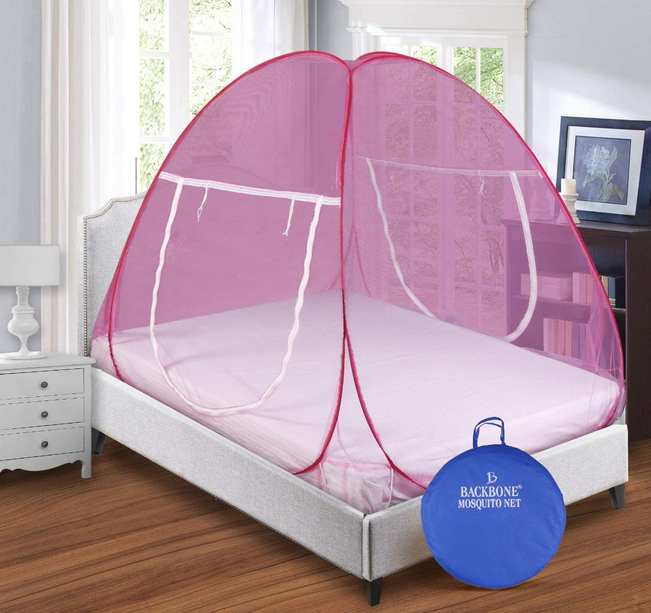 BACKBONE Mosquito Net - Foldable, King Size Double Bed with Saviours - (Full Pink),Design 27