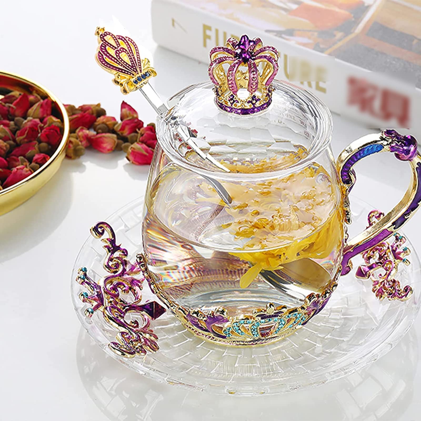 Handgefertigte Emaille-Kaffeebecher mit Deckel, Handarbeit Vintage Fancy Teetasse mit Krone kristallklar Kaffeebecher, für Geburtstag Valentinstag Weihnachten Emaille Glasbecher