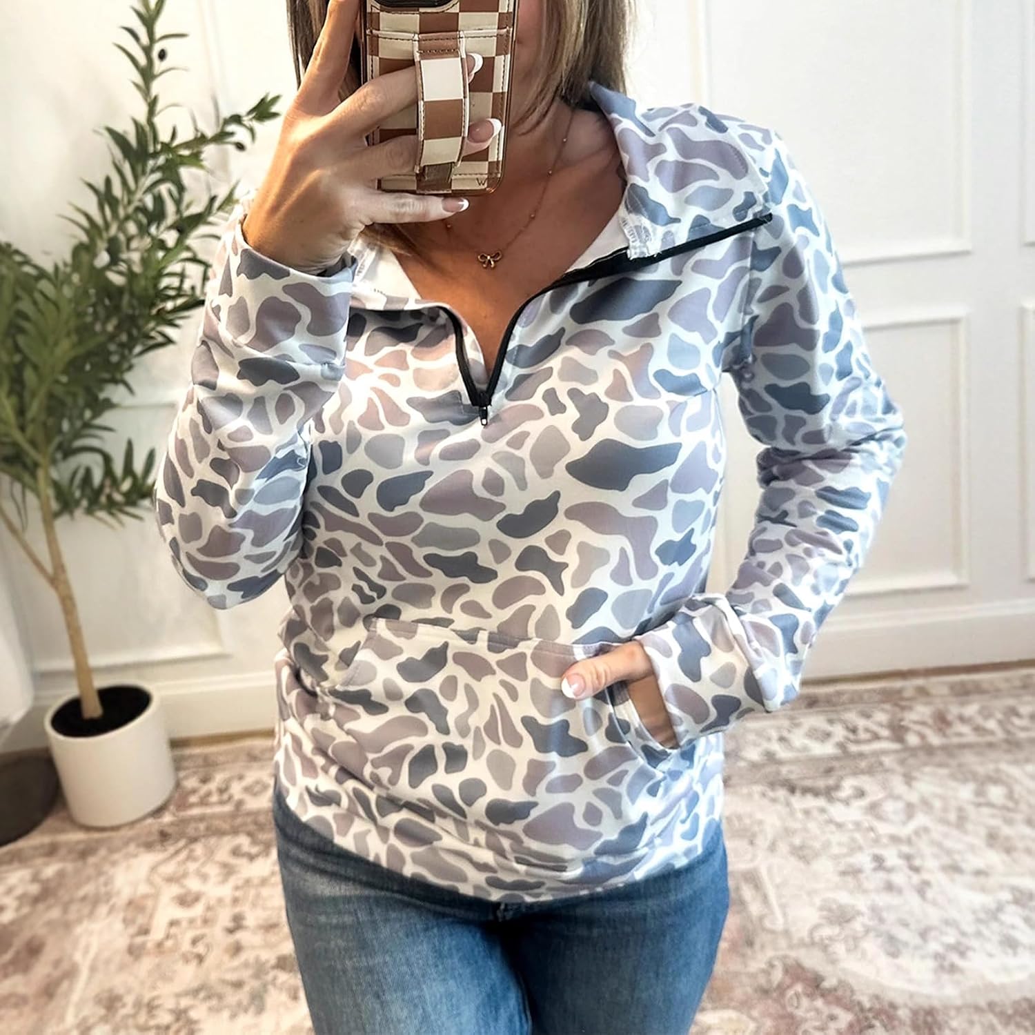 Fronage Women's Y2K Camo Shirt Quarter Zip Long Sleeve Tee Tops Casual Loose Lightweight Pullover Sweatshirt with Pocket