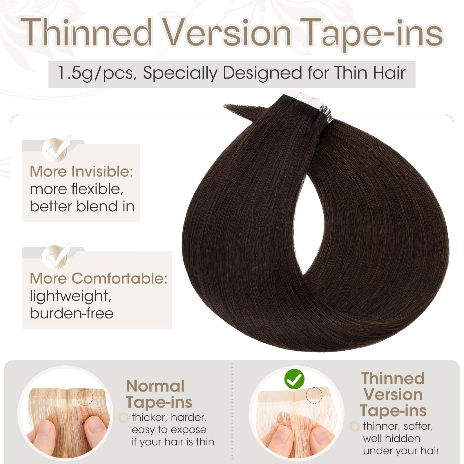 Elailite Tape in Hair Extensions Human Hair Real Human Hair 10 Pcs Invisible Thin Type - Image 2
