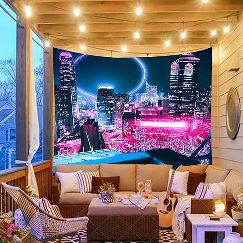 Miniatura 4 de Aidatain Tapiz Punk Cityscape Neon Nightscape de ciencia ficción de arte electrónico grande de 80 x 60 pulgadas para dormitorio y sala de estar
