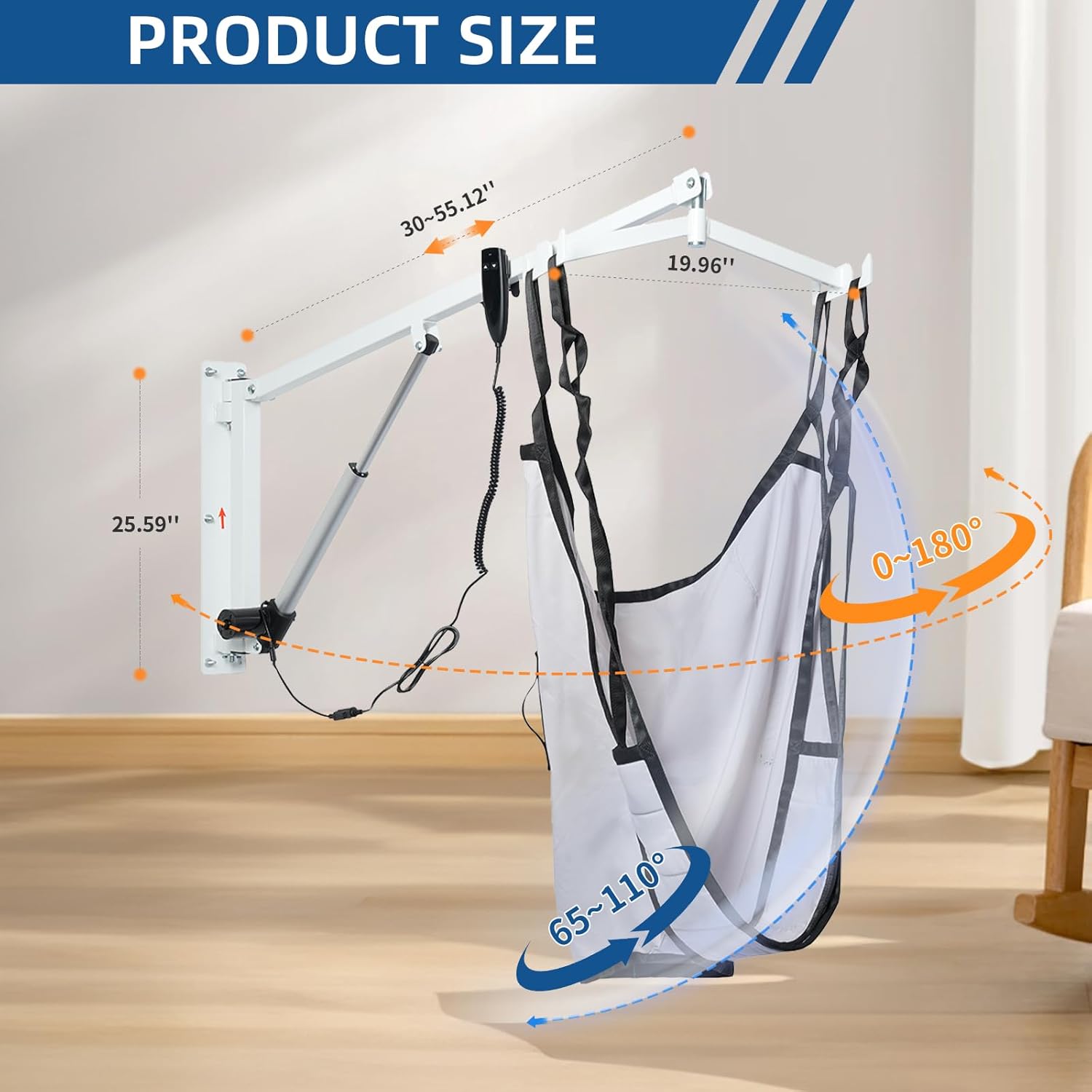Wall-Mounted Patient Lift with Sling, Portable Electric Transfer Lift for Disabled, Elderly, Handicap, Remote Control, White