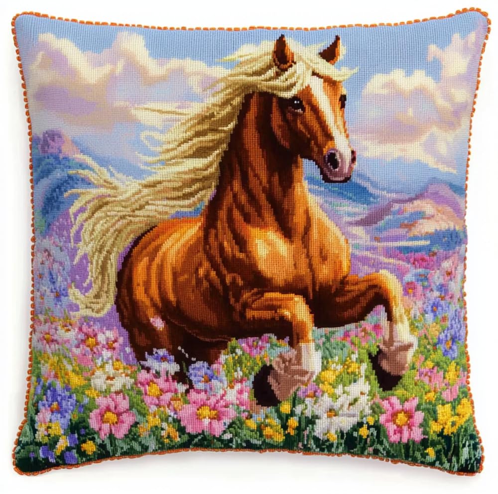 ORLUMY Latch Hook Cuscini Piccoli, Set Di Fodere Per Cuscini, Cavallo Di Primavera 43Cmx43Cm Fai Da Te Creativo, Kit Per Fabbricare Tappeti A Punto Croce,Gancio Di Chiusura Kit Motivo Colore
