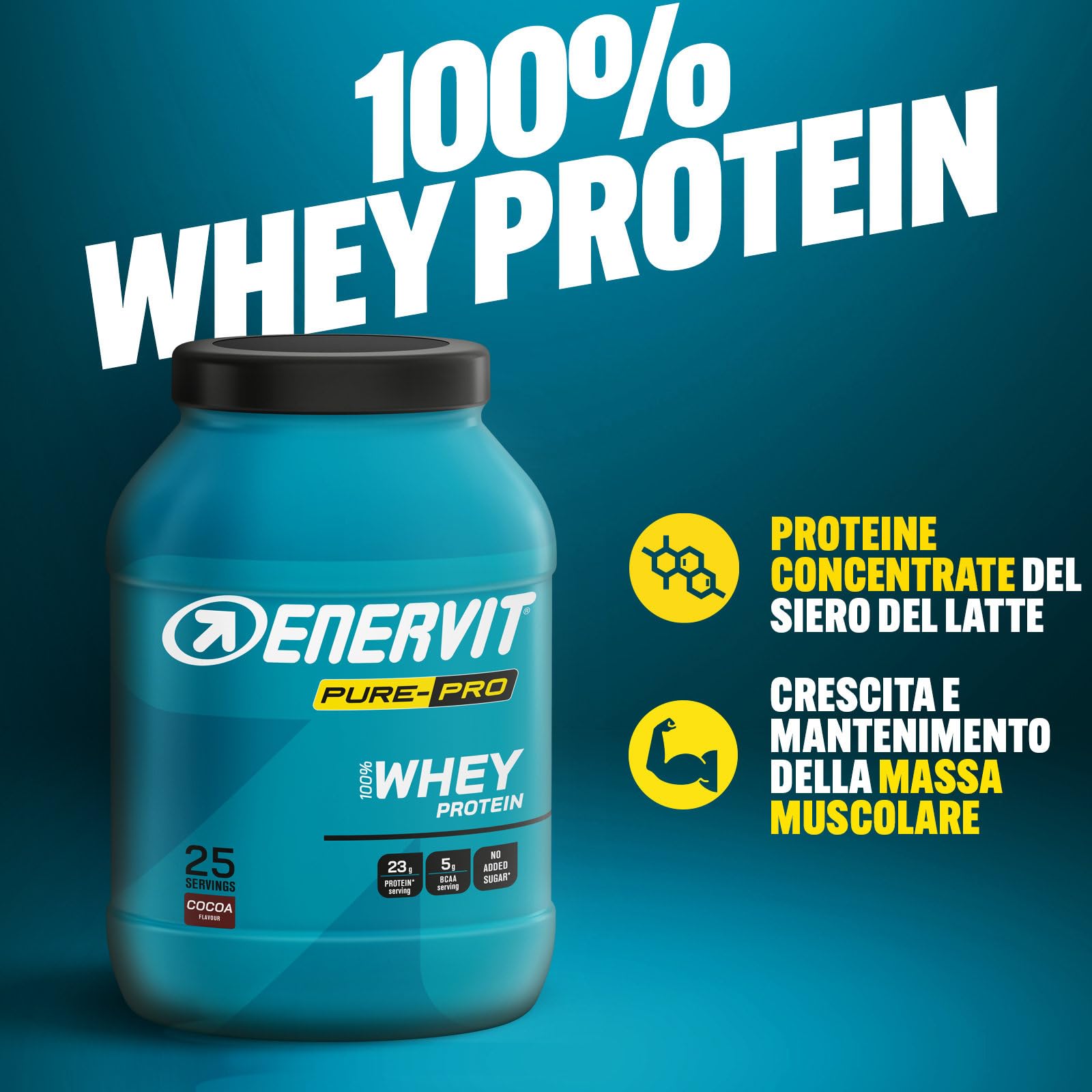 Enervit Pure-Pro 100% Whey Protein Gusto Cacao, Proteine in Polvere Isolate per Massa, 100% Proteine del Siero del Latte, Concentrato con Vitamina B6, Ideale per il Recupero Post Workout, 750 g