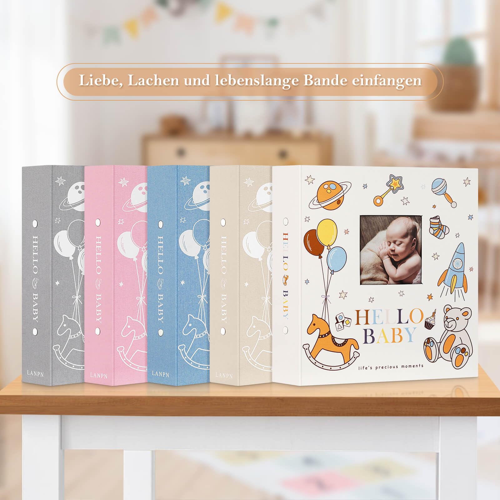 Lanpn Baby Fotoalbum 10x15 600 Fotos, HELLO BABY Leinen Baby Fotobuch Einsteckalbum Babyalbum Erinnerungsbuch Babybuch für 1. Geburtstag Junge Neugeborenes Kinder Mein Erstes Bebe (Blau)