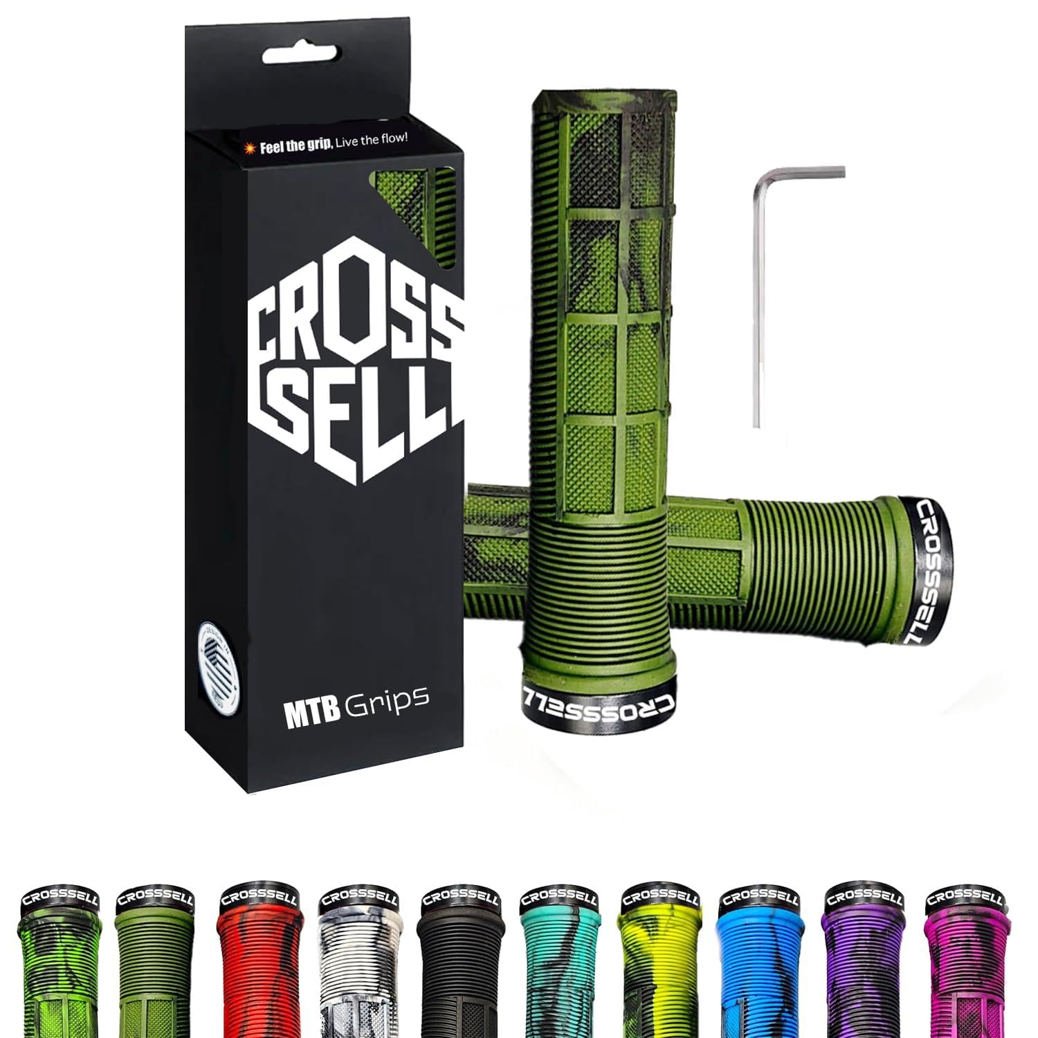 CROSSSELL Bike Handlebar Grips Dual Color Army Green – Single Lock-On Bicycle Grips for MTB, Mountain Bike, Downhill, BMX – Non-Slip Ergonomic Rubber Hand Grip Accessories