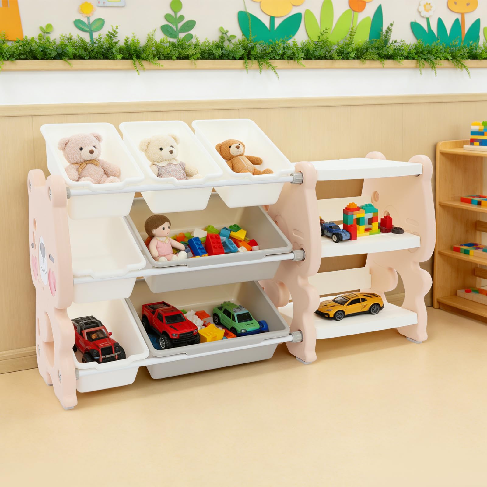 Spielzeug-Organizer mit 3 Regalen & 7 Behältern, Kinder Spielzeugregal für Schlafzimmer & Kinderzimmer, Aufbewahrungsset für Bücher, Spielzeug & Zubehör (Rosa)