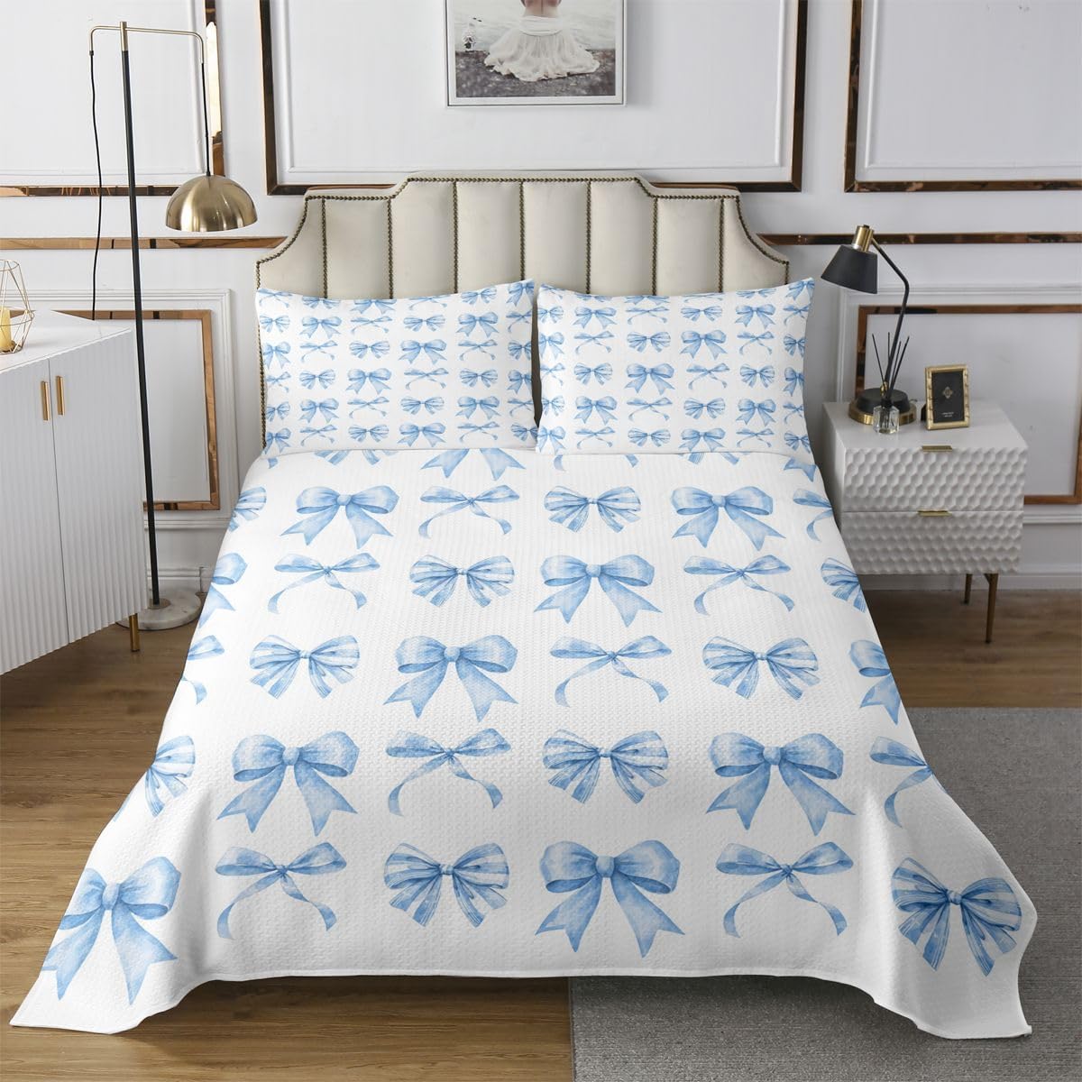 Erosebridal Blue Ribbon Bow Quilt Set Kawaii Cute Cartoon Bowknot Queen Bedspread Set | Watercolor Bow Tie Coquette Coverlet Sets Dreamy Princess Bows Quilted